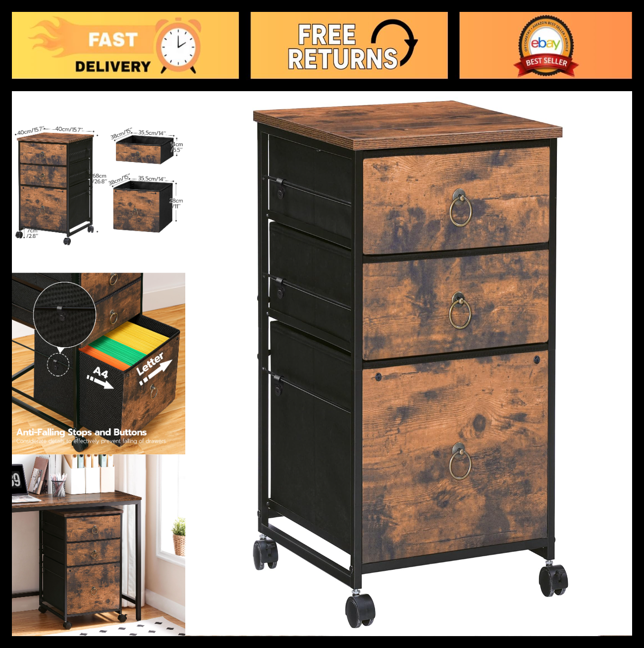 Mobile File Cabinet with 3 Drawers, Rolling Under Desk Cart for Home Office, Rus0
