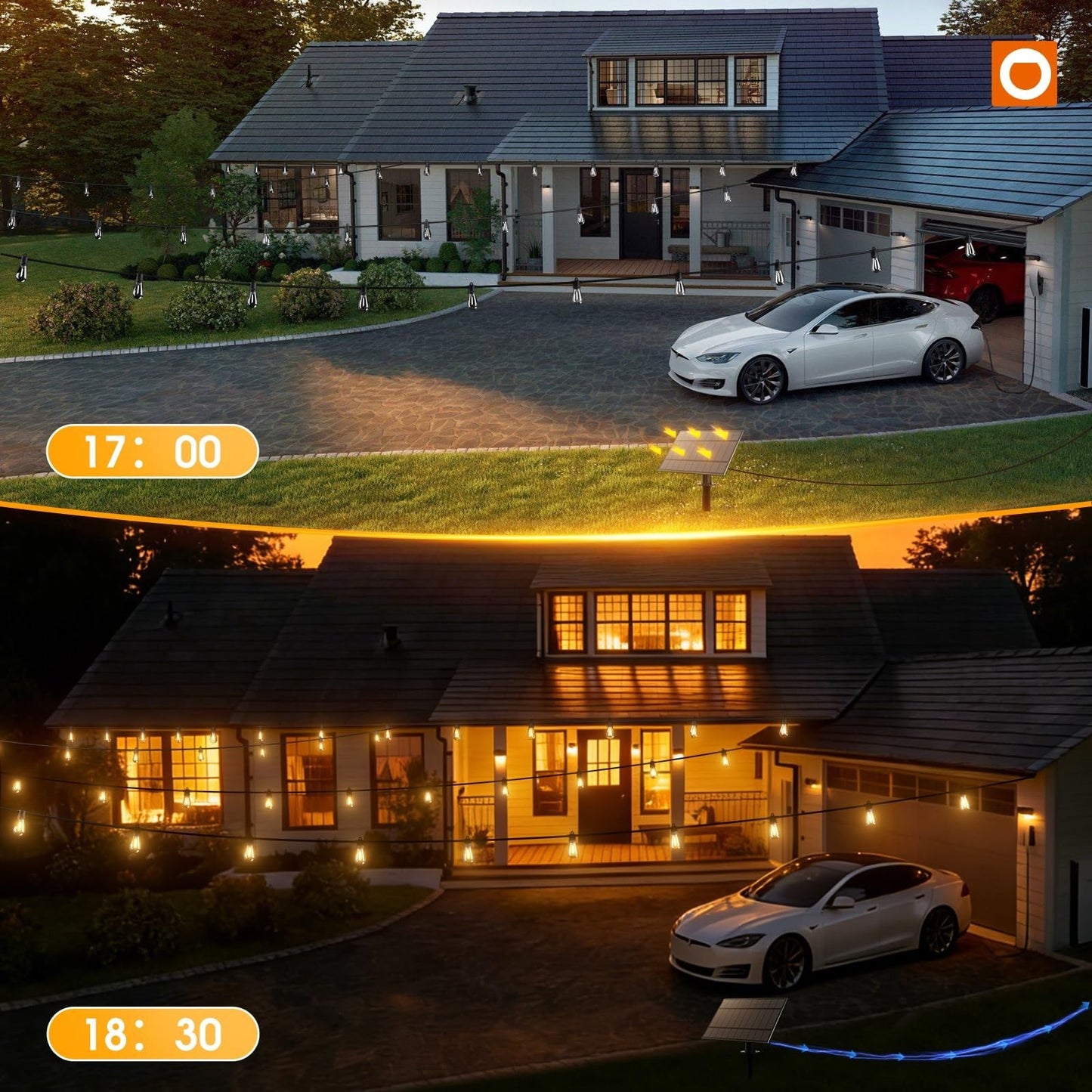 54FT Solar String Lights Outdoor, 24 Bulbs, USB Charging, IP65 Waterproof, Dimma3