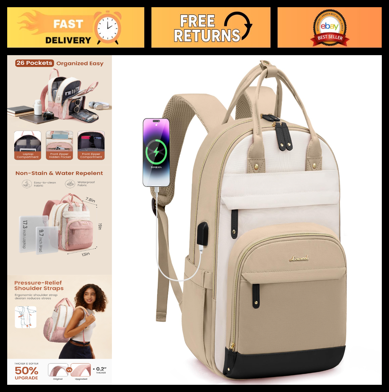 Stylish Women's Laptop Backpack   Fits 17" Laptops, Waterproof, Anti Theft, Trav0