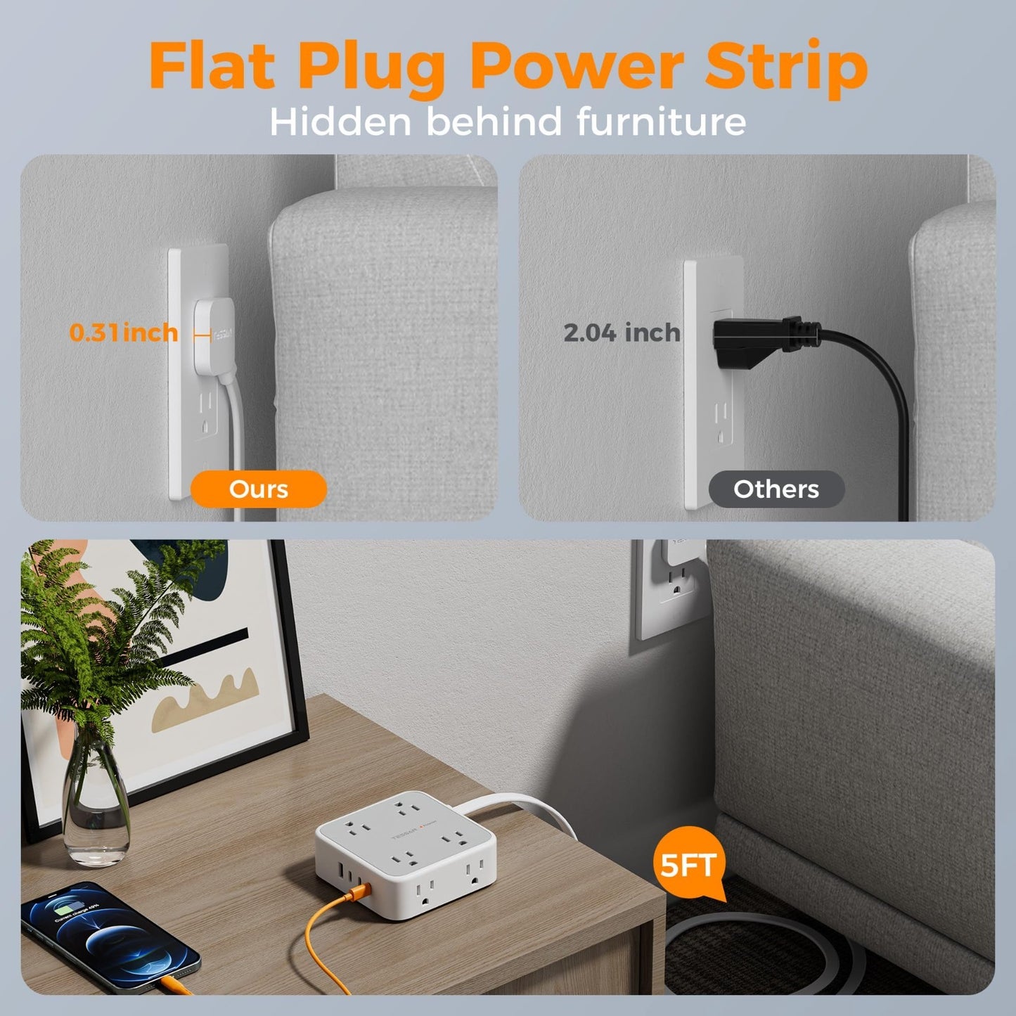 Surge Protector Power Strip 900J Protection, 5 Ft Extension Cord, Grey3
