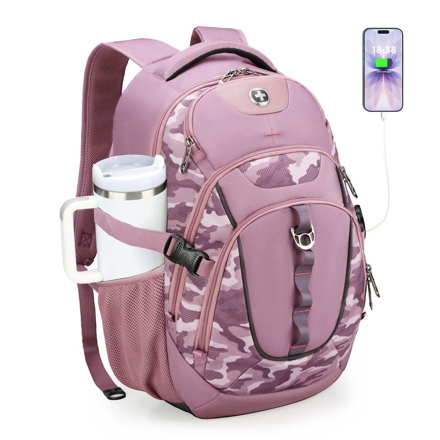 Stylish Pink Camo Laptop Backpack with USB Charging, Fits 15.6" Computer, 31L Tr1