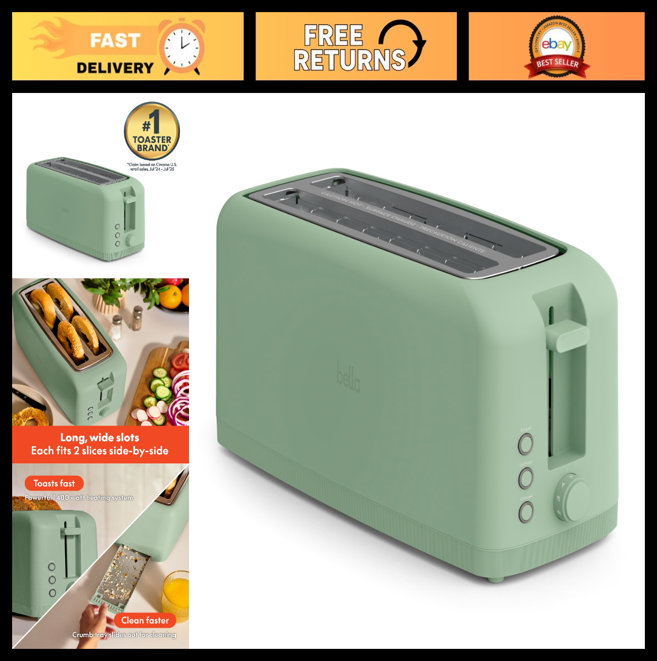 Slim 4 Slice Toaster   Extra Long & Wide Slots, Fits Anywhere, Seaglass Color0