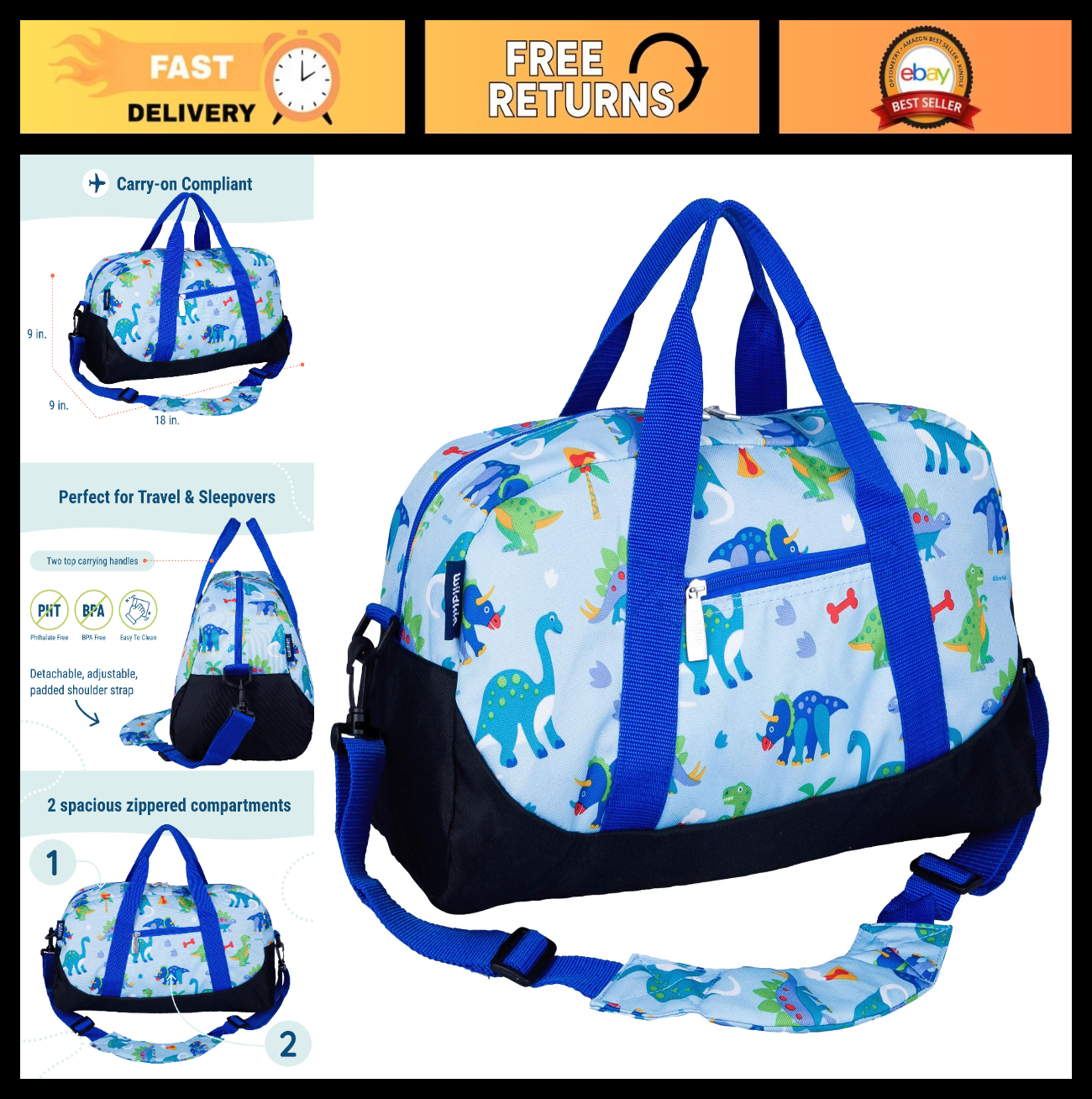Kids Overnighter Duffel Bag - Carry-On Size for School & Sleepovers - Dinosaur D0