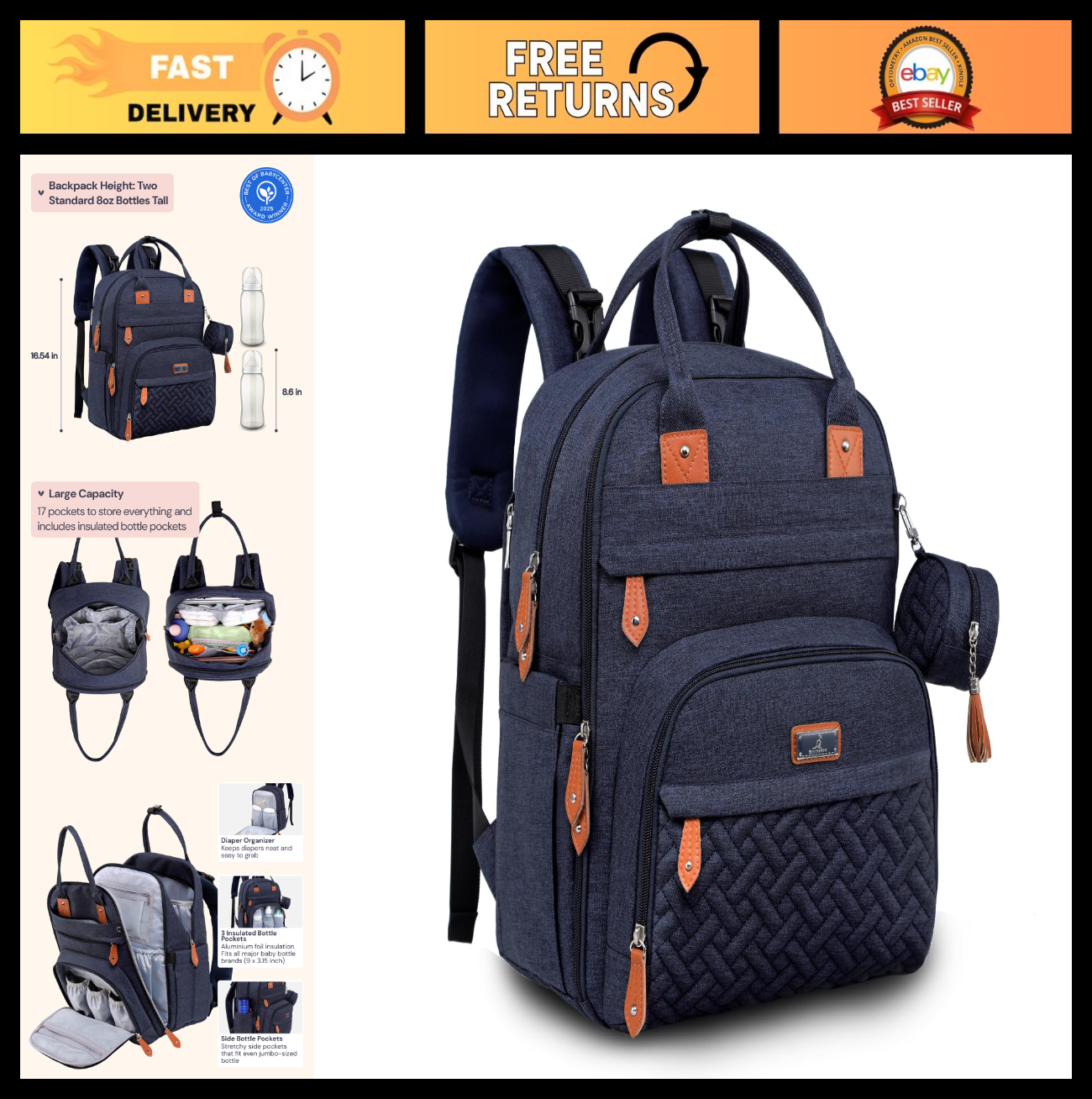 Multi Function Diaper Bag Backpack   Water Resistant Baby Travel Tote, Changing0