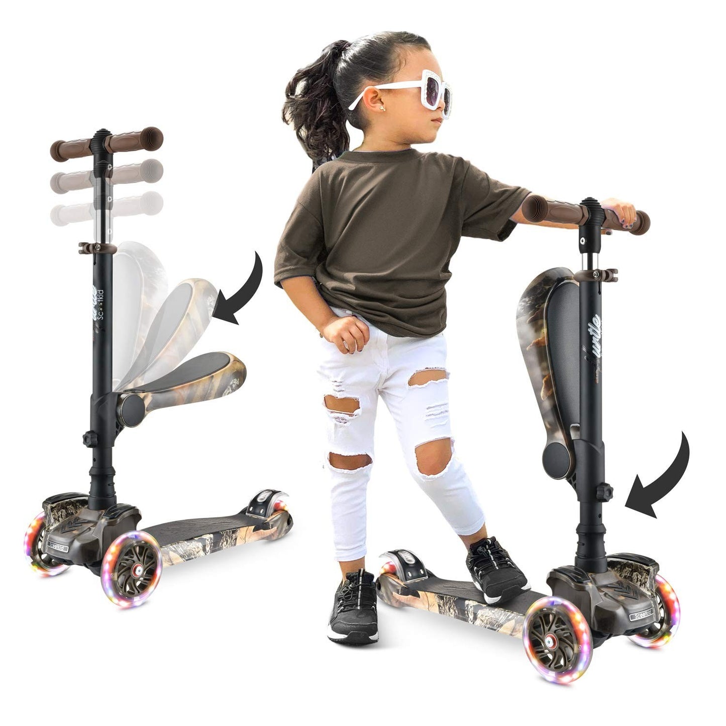 3-Wheeled Kids Scooter with LED Lights, Adjustable Handlebar, Foldable Seat, Sit1