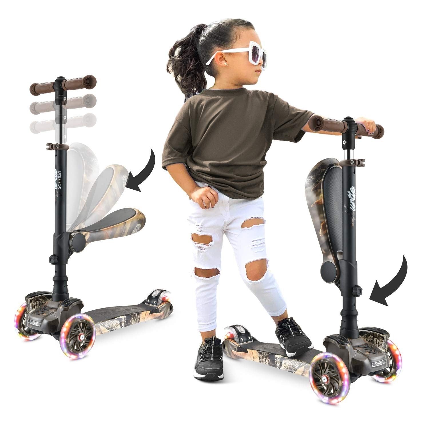 3-Wheeled Kids Scooter with LED Lights, Adjustable Handlebar, Foldable Seat, Sit1