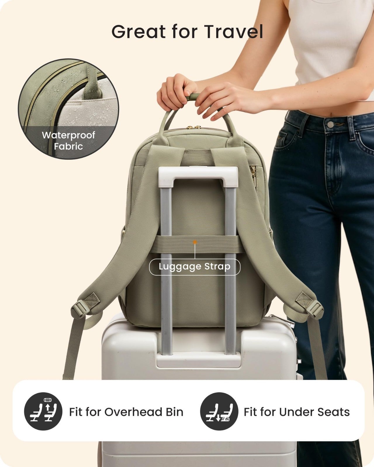 Stylish 15.6" Laptop Backpack with Tumbler Holder, Waterproof College Bag, Beige5