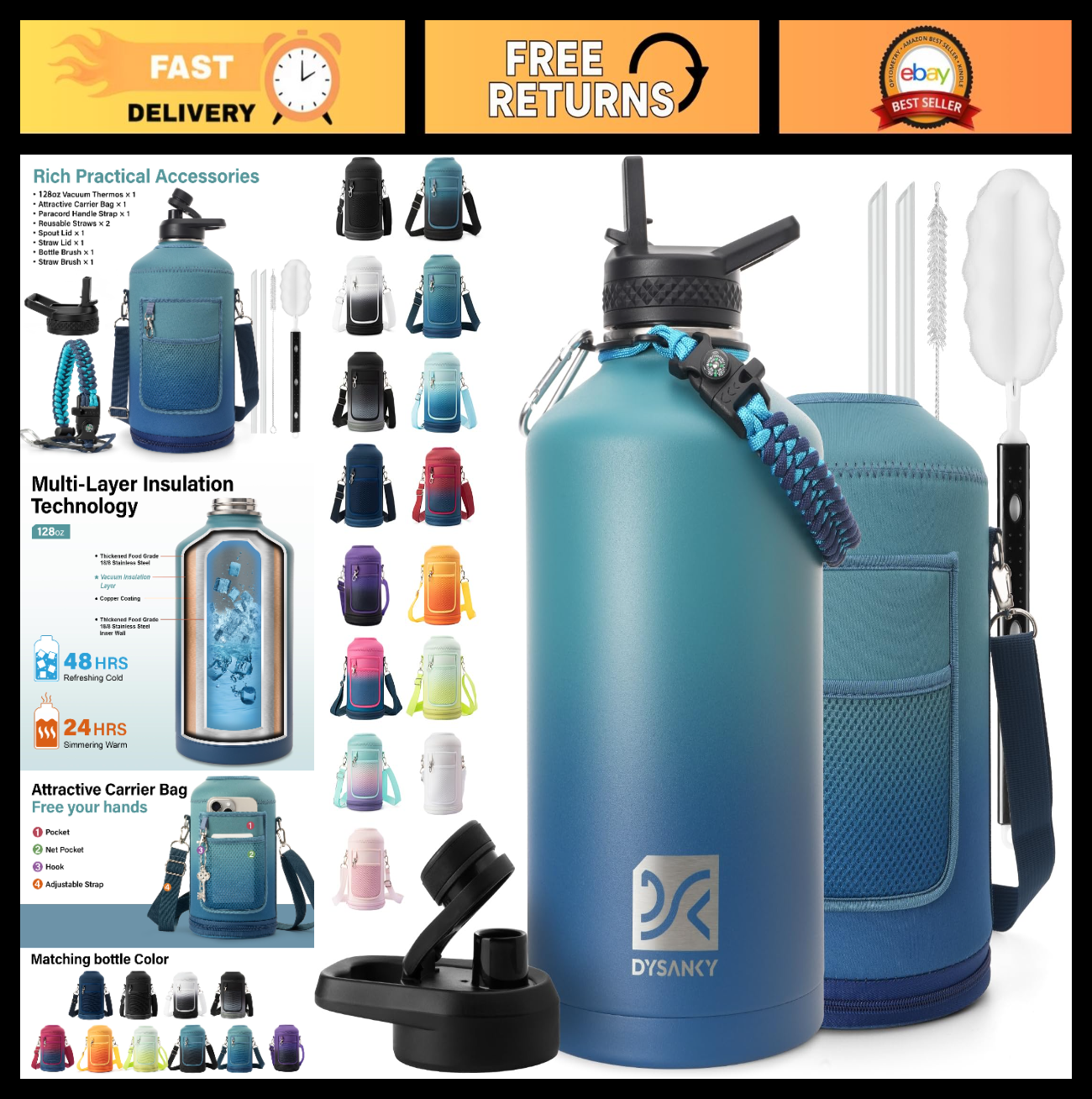 1 Gallon Insulated Water Bottle - Thick Stainless Steel, Portable Sports Jug, BP0
