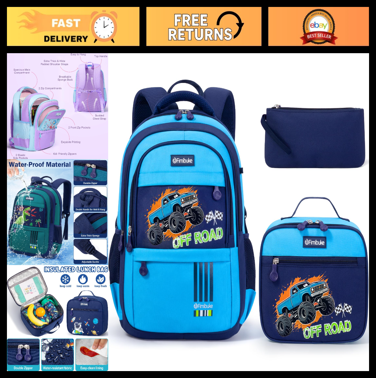 Monster Truck Backpack Set for Boys   3PCS with Lunch Box   Kids School Bag0