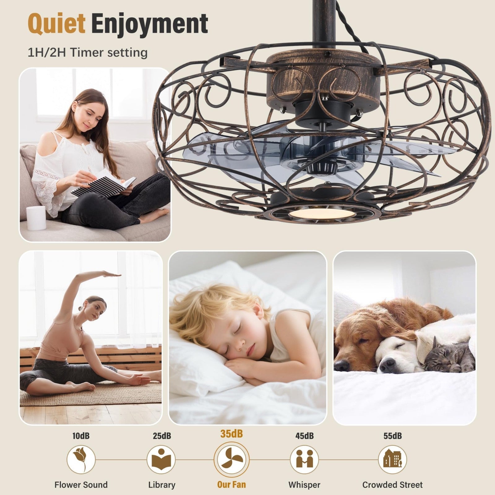 15" Outdoor Ceiling Fan with Light, Remote/APP Control, 6 Speeds, Caged Design f6