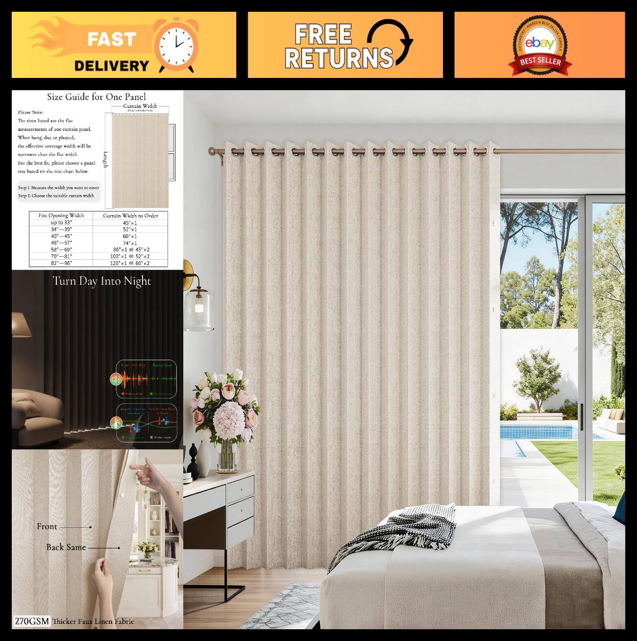 Accordion Door Curtains for Doorways, Fabric Privacy Curtain Panel 100x96 Sand0