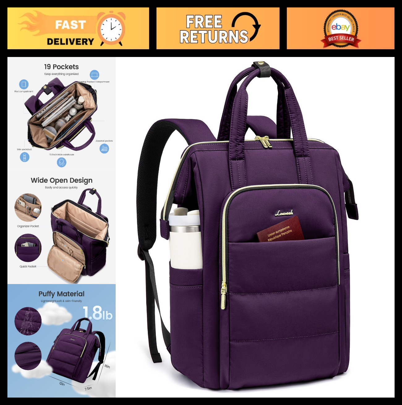 Lightweight 15.6" Laptop Backpack for Women, Quilted Travel Bag, Dark Purple0