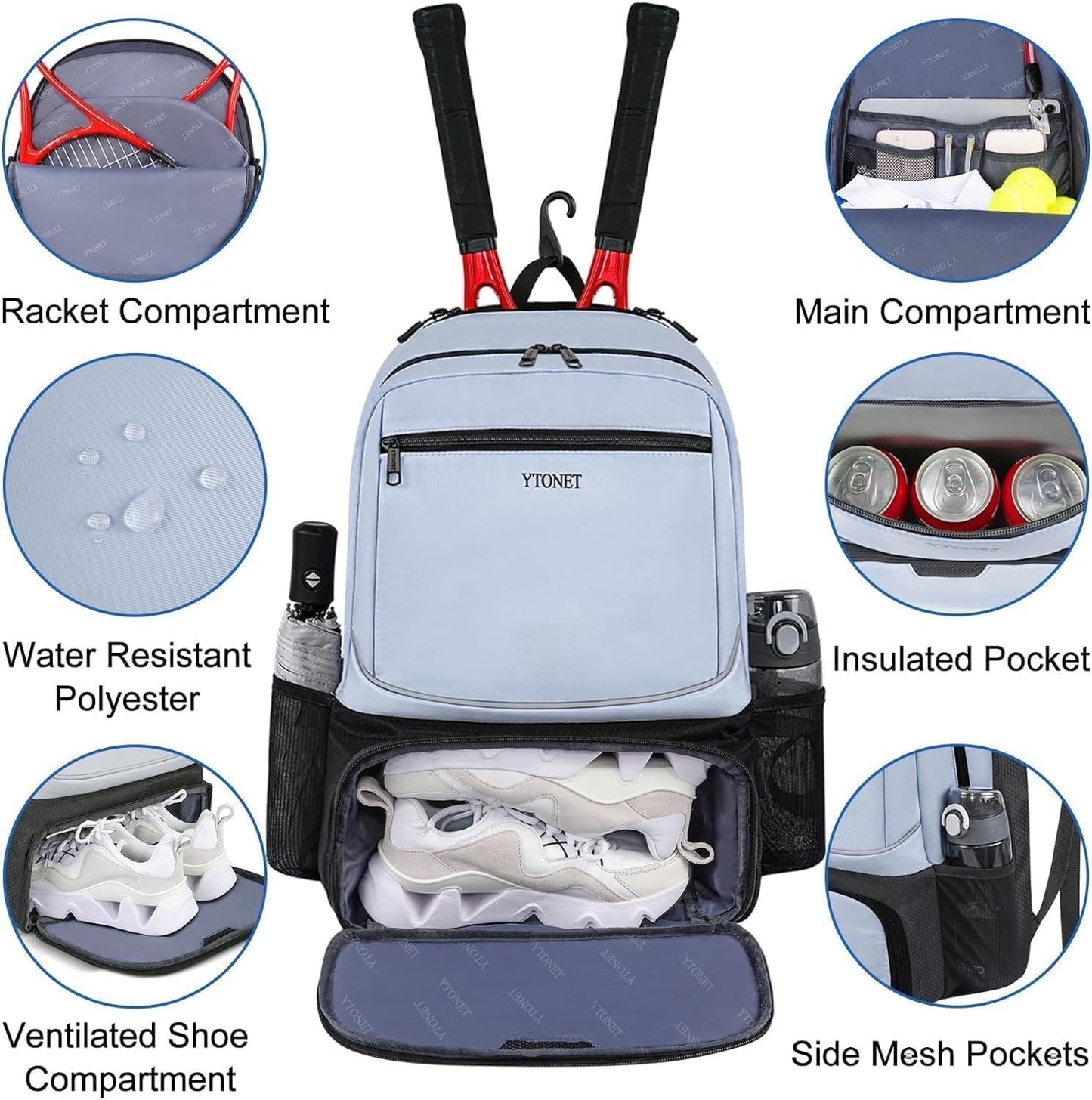 Insulated Tennis Backpack for 2 Rackets, Ventilated Shoe Compartment, Unisex3