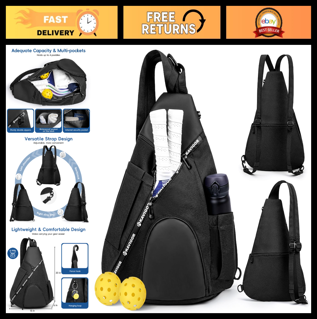 Lightweight Pickleball Sling Bag, 7 Pockets, Water-Resistant, Detachable Strap0