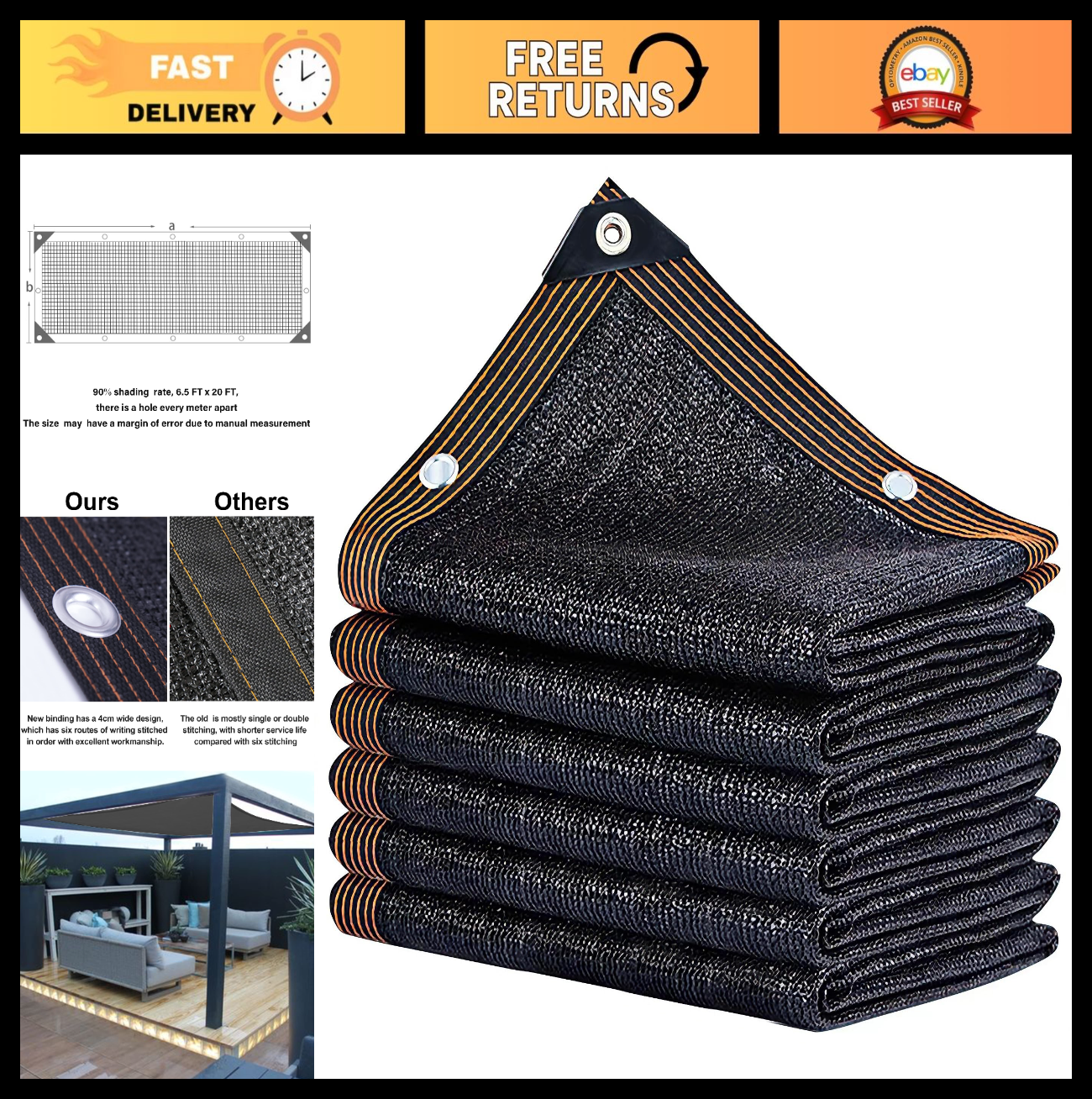 90% Shade Cloth for Dog Kennel, 6.5x20 FT Sunblock Mesh Tarp with Grommets, Pati0