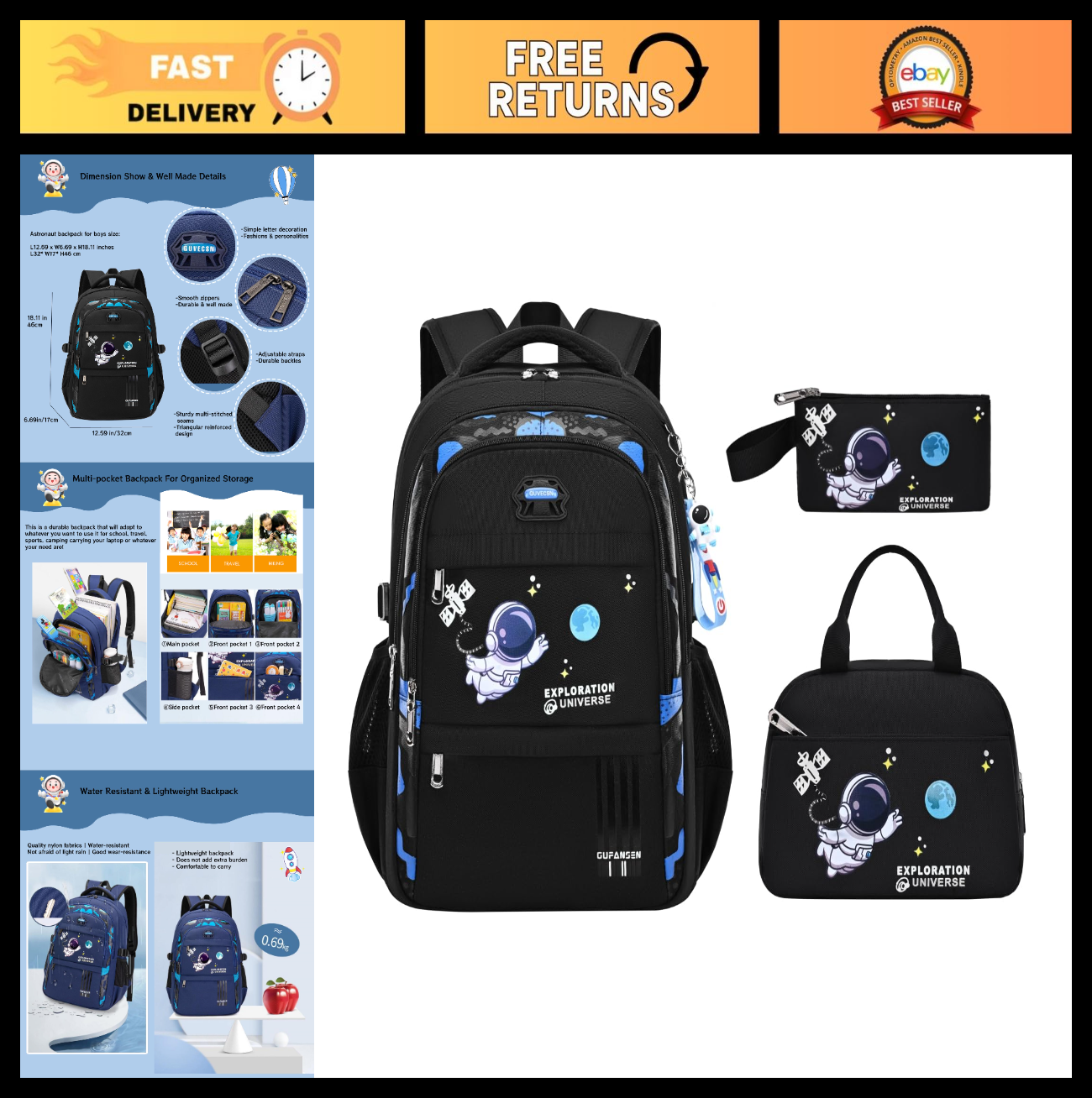 3pcs Boys Lightweight Astronaut Backpack Set with Lunch Box for School, Black0