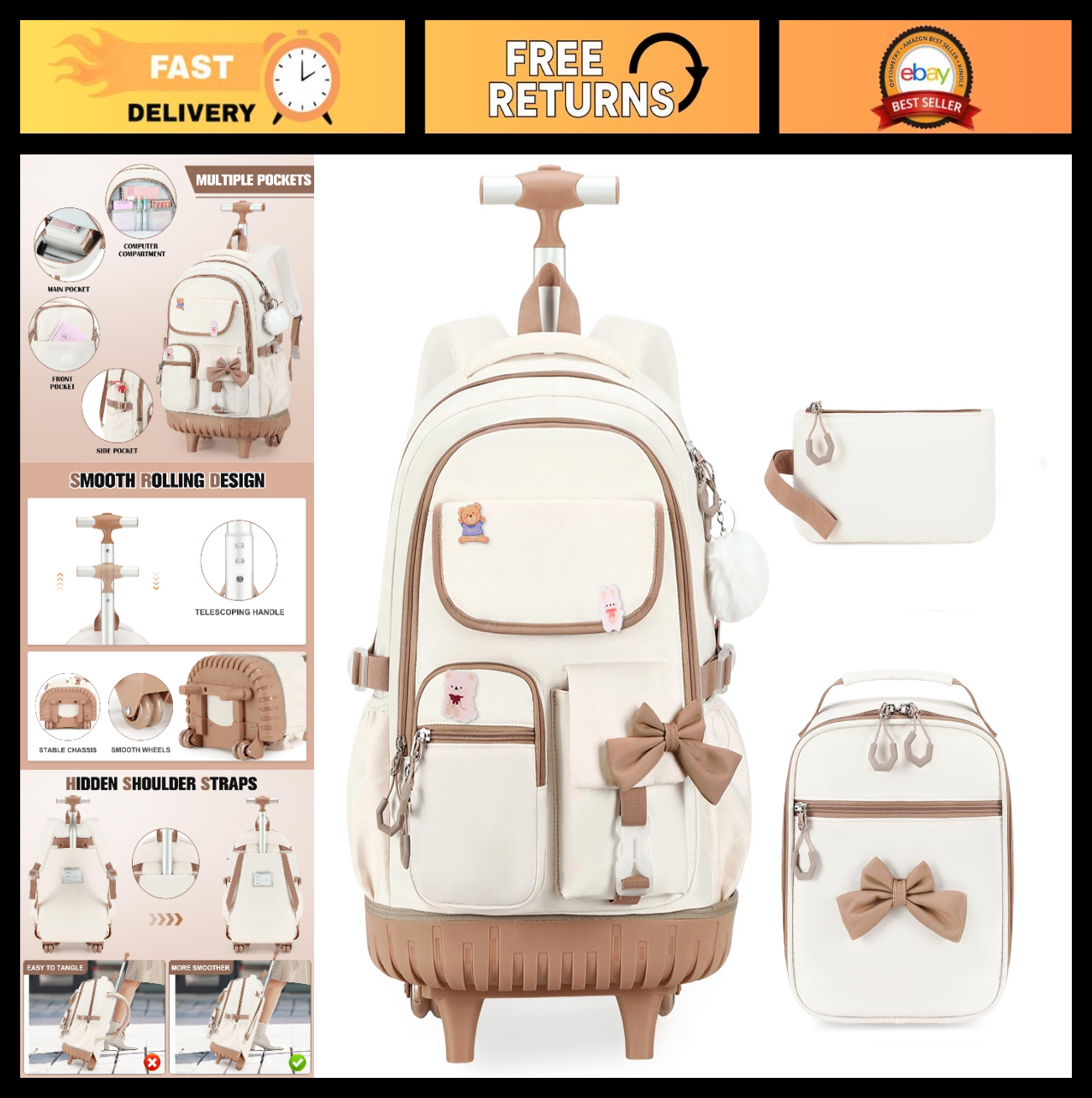 Rolling Backpack for Girls   Wheeled School Bag with Lunch Bag & Pencil Pouch, B0