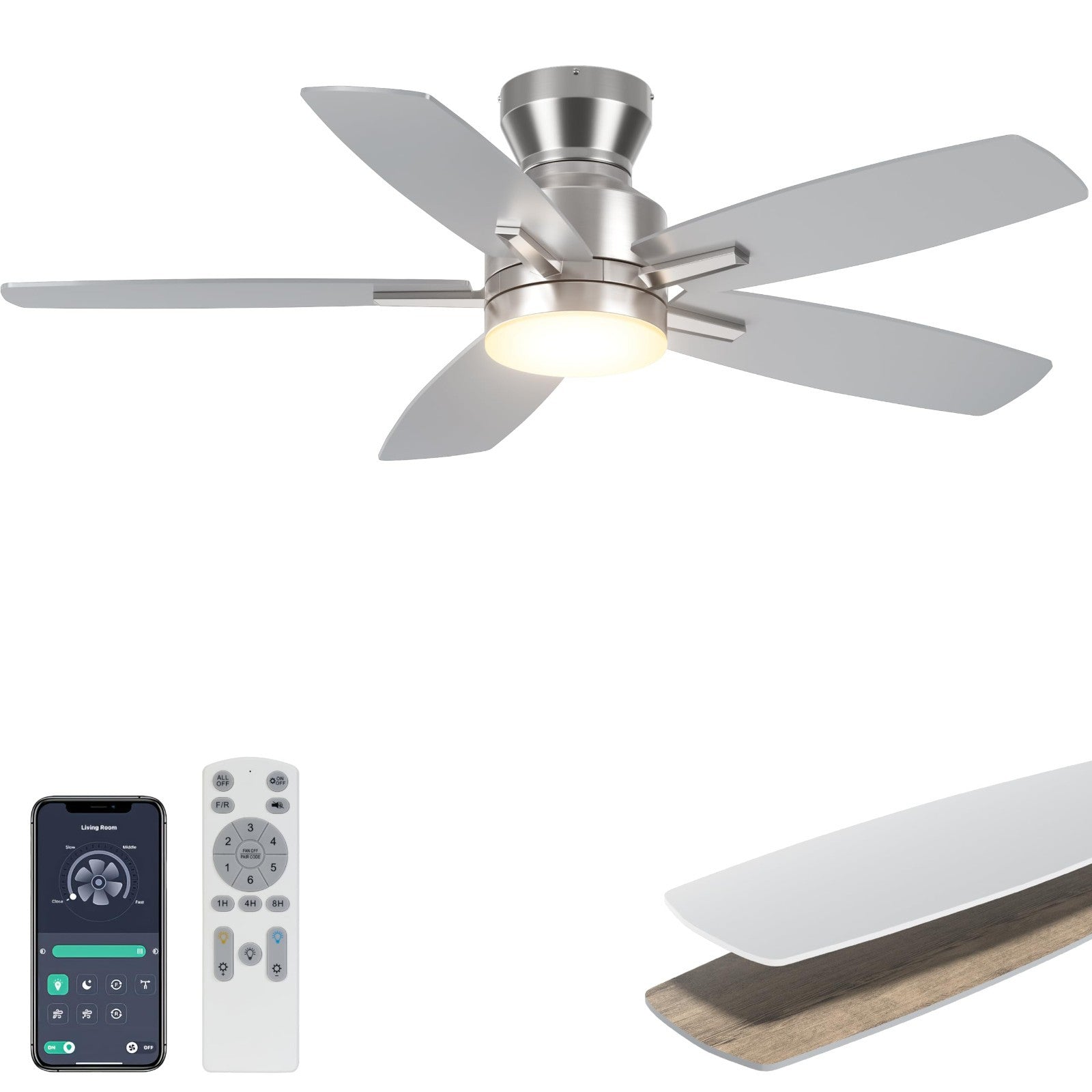 42'' Silver Low Profile Ceiling Fan with Lights, Remote/APP Control, Dimmable LE1