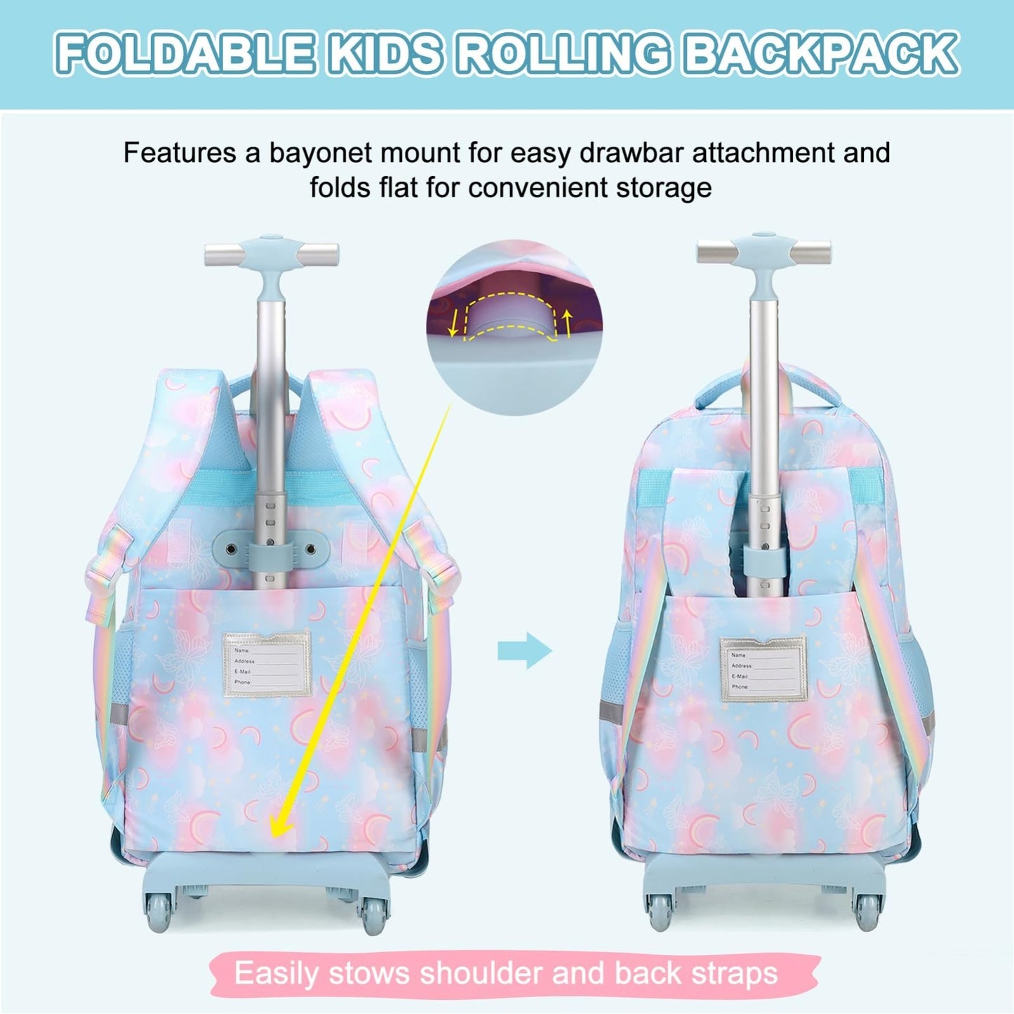 3PCS Girls Rainbow Butterfly Rolling Backpack Set with Lunch Box   Blue3
