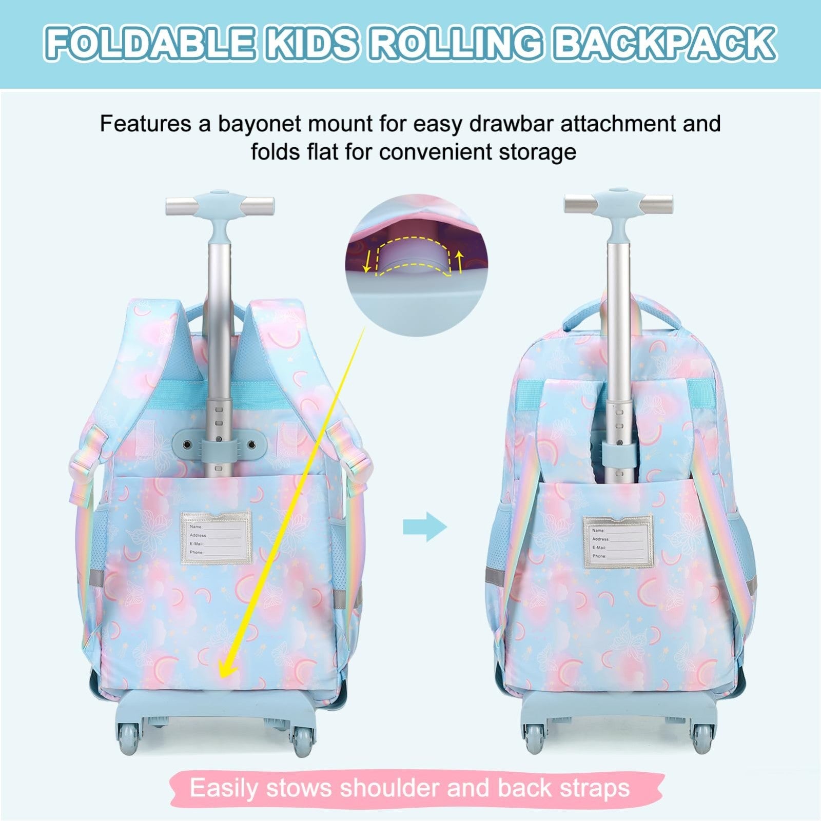 3PCS Girls Rainbow Butterfly Rolling Backpack Set with Lunch Box   Blue3