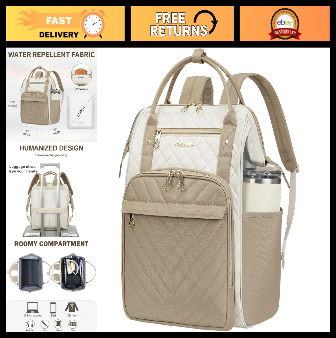 Stylish 17" Water-Repellent Laptop Backpack for College, Travel, Work - Beige/Ka0
