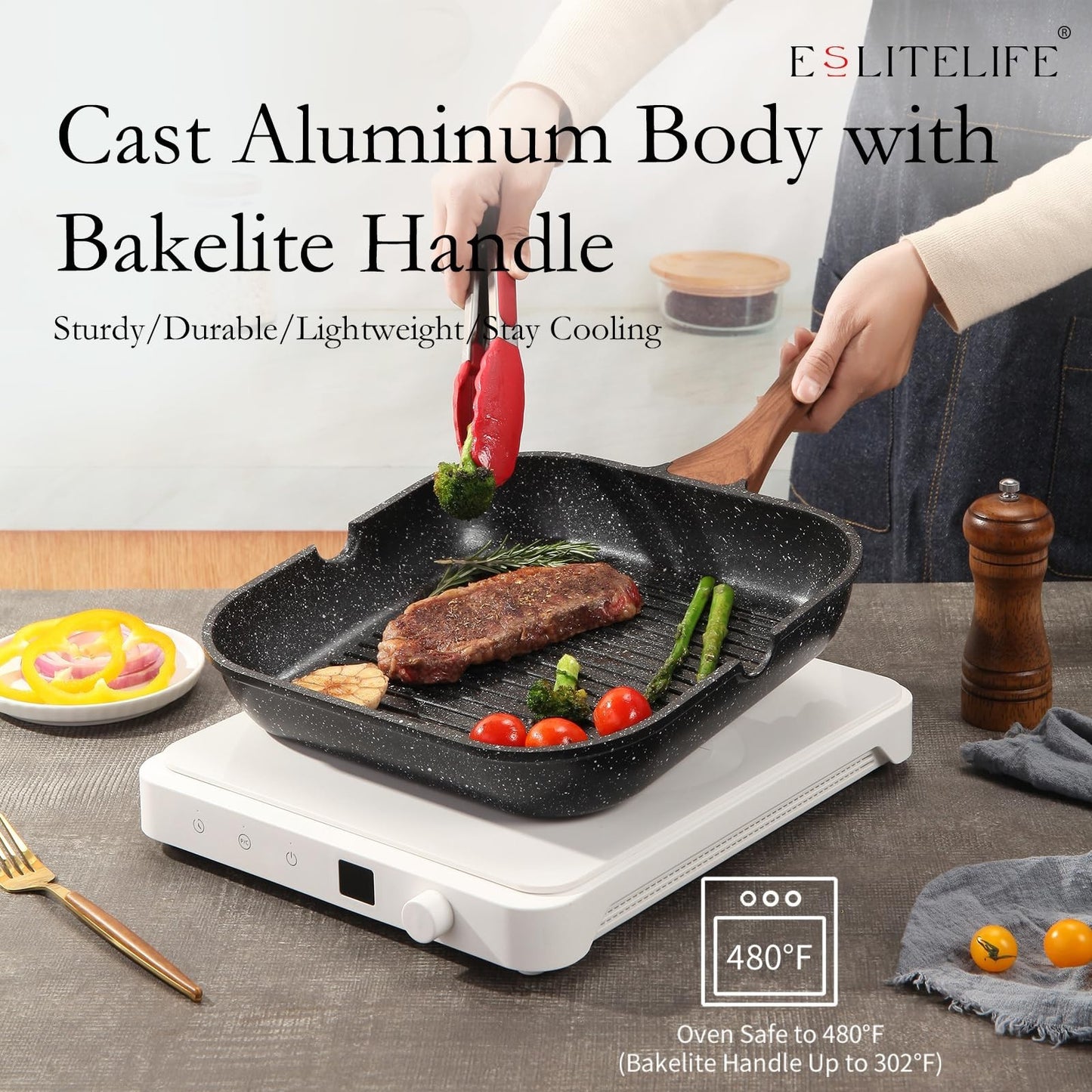 Optimized eBay Title:  "11-Inch Nonstick Grill Pan with Lid & Tongs - Versatile4