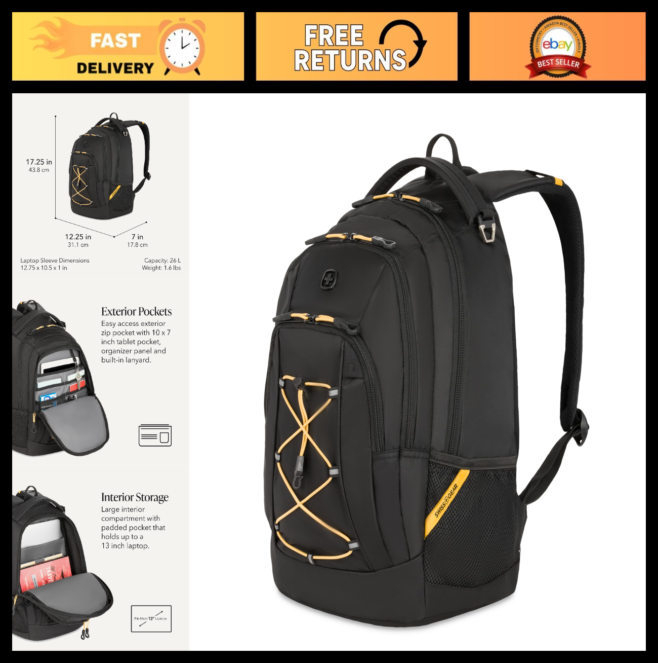 13 Inch Laptop Backpack, Airflow Back Panel, Reflective Accents, Bungee System,0