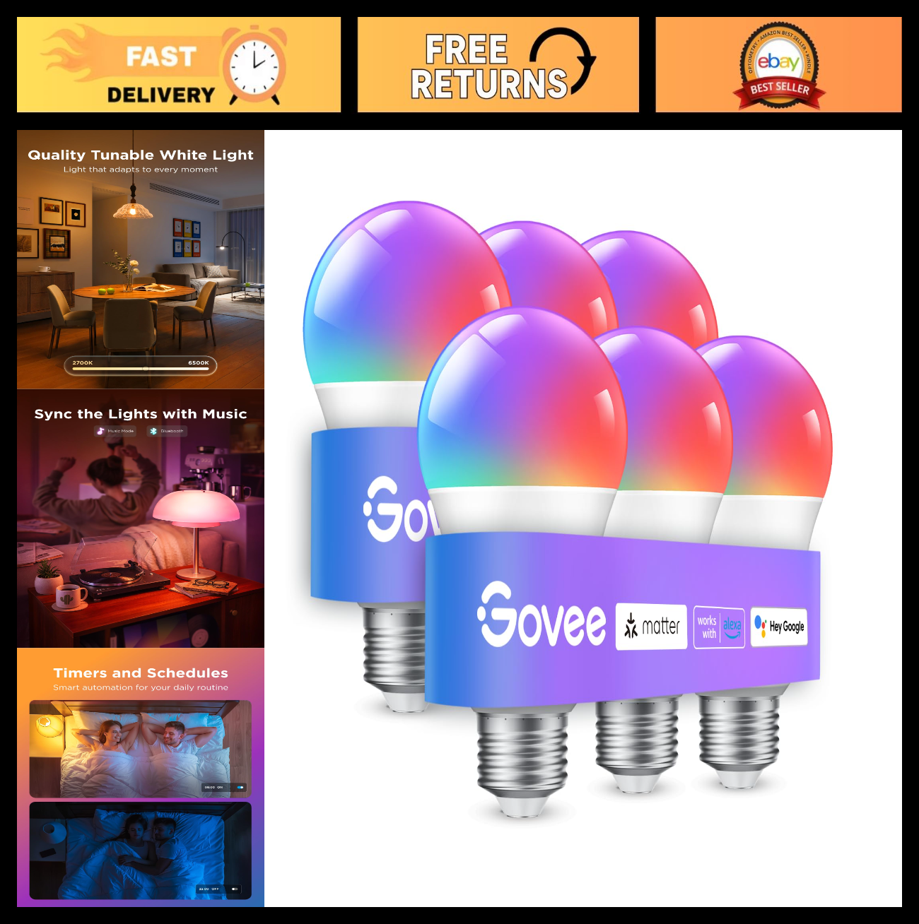 Smart LED Light Bulbs 800 Lumen, 6 Pack, RGBWW Color Changing, WiFi & Bluetooth,0