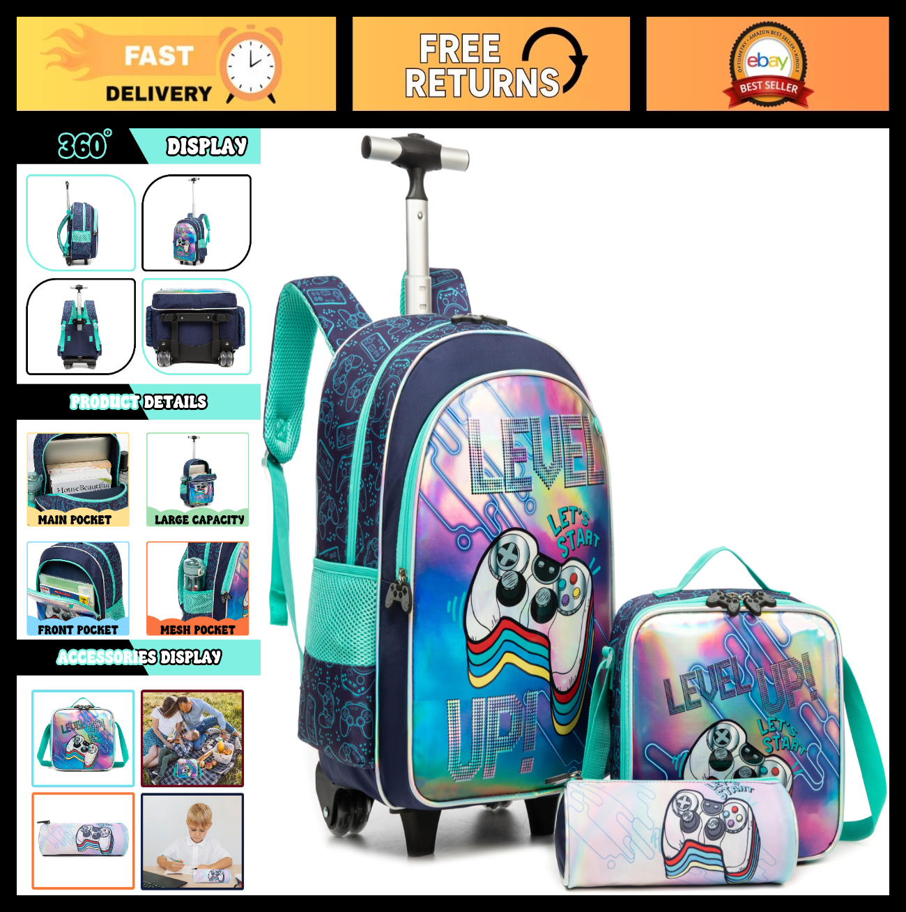 Rolling Kids Backpack with Wheels, Football Design, Lunch Box Included, Ages 6 80