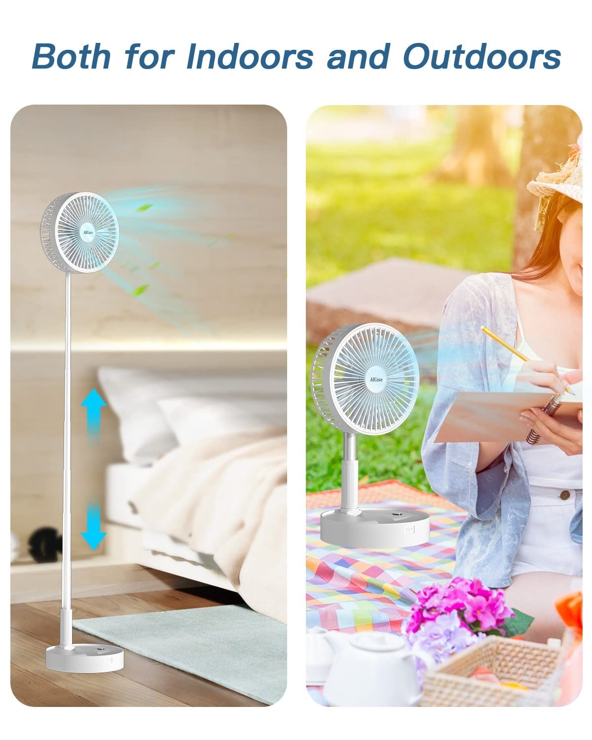 Portable Folding Stand Fan, USB Rechargeable 7200mAh, 4 Speed Adjustable Height,5