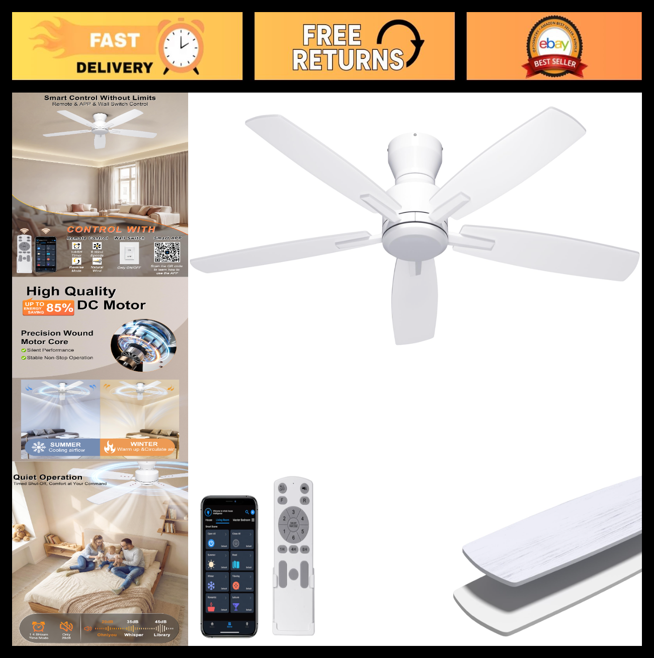 52'' Low Profile Ceiling Fan   No Light, Flush Mount, Remote/APP Control, Quiet0