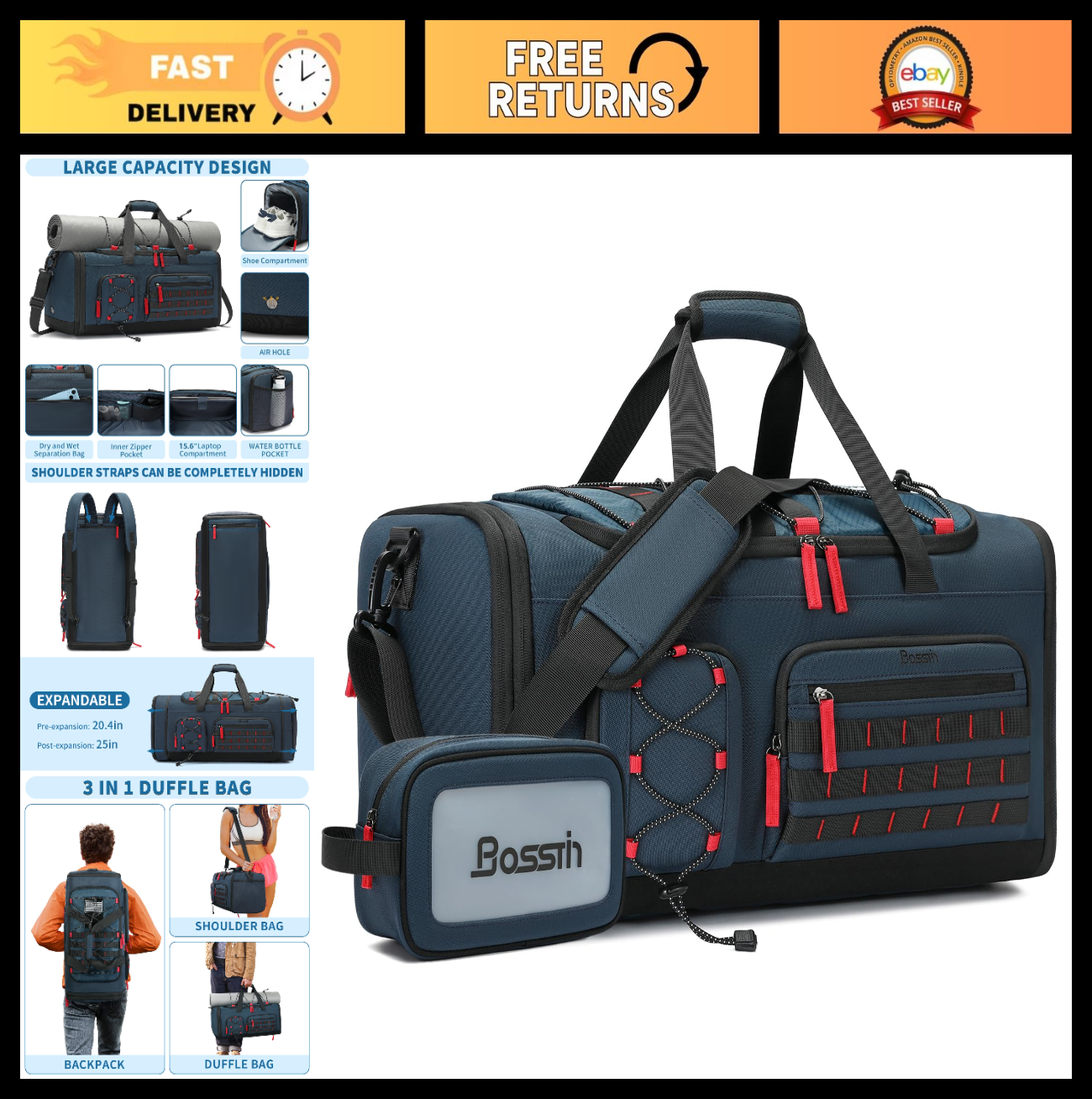 Expandable 45L 50L Sports Duffle Gym Bag for Men & Women   Travel & Fitness Tote0