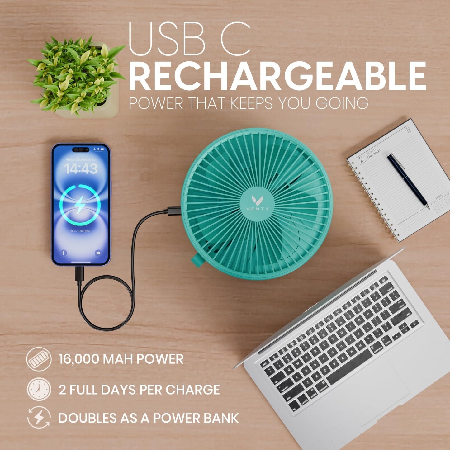Portable Wireless Battery Operated Fan   4 Speeds, LED Light, Remote & Case   Tr5