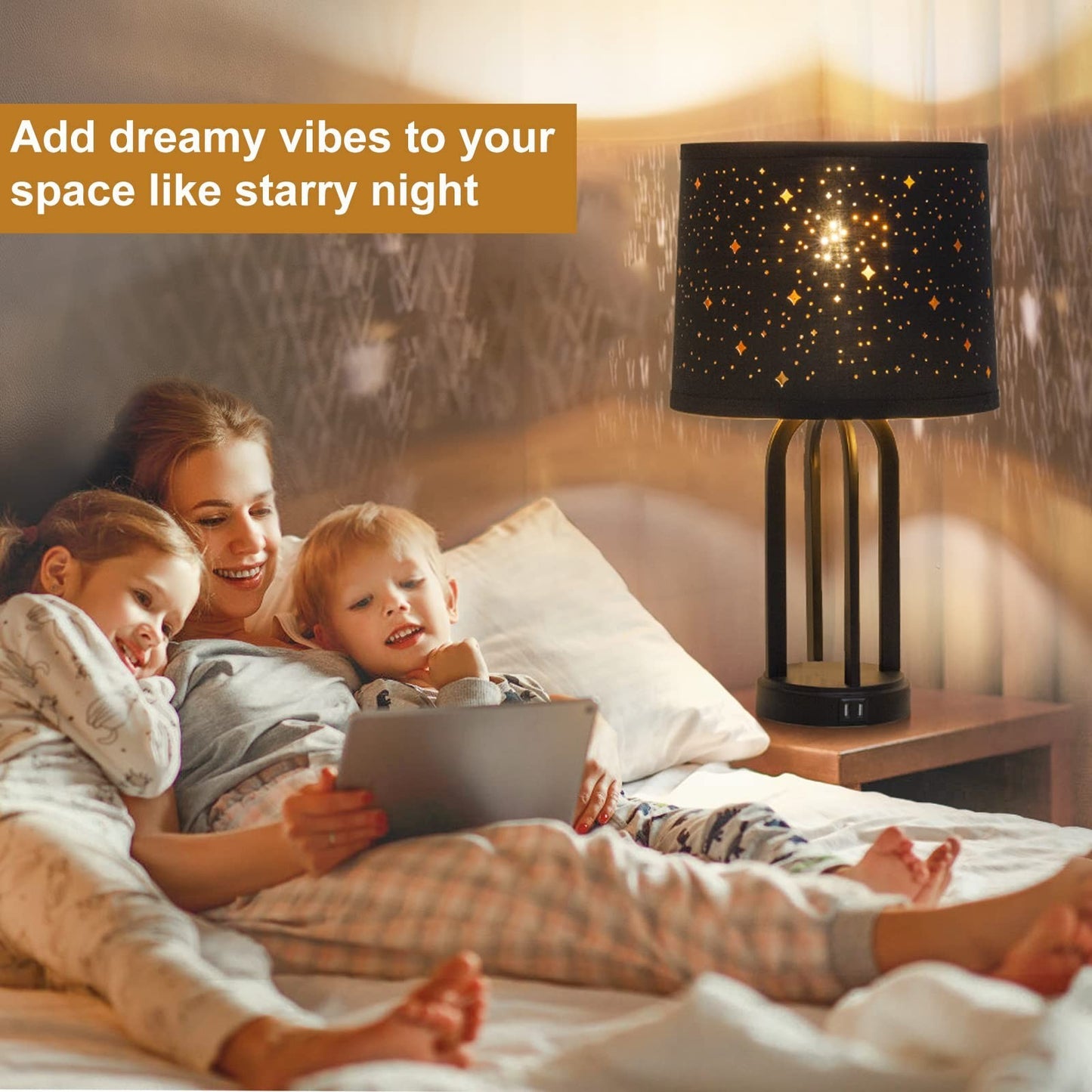 Set of 2 Black Drum Lampshades with Sky Stars Design | 11.6" x 12.6" x 9.8" | Fa2