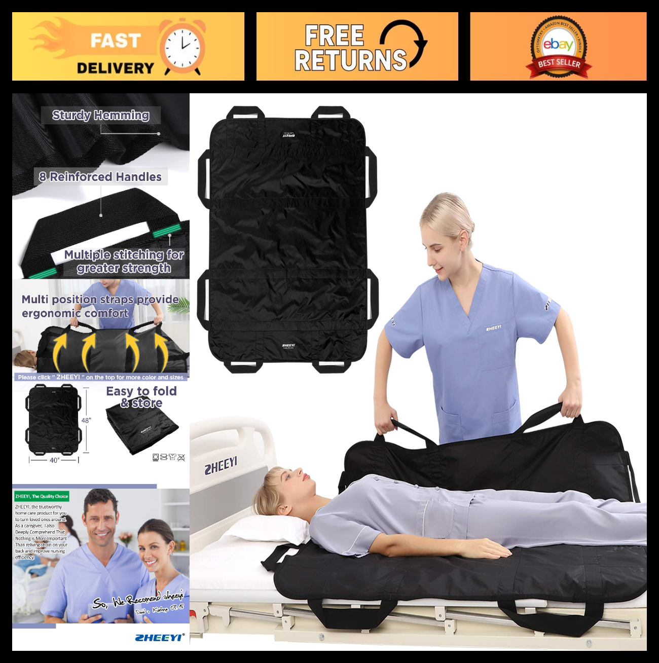 Bed Positioning Pad with Handles 48"x40"   Lifting Turning Patient Transfer Blan0