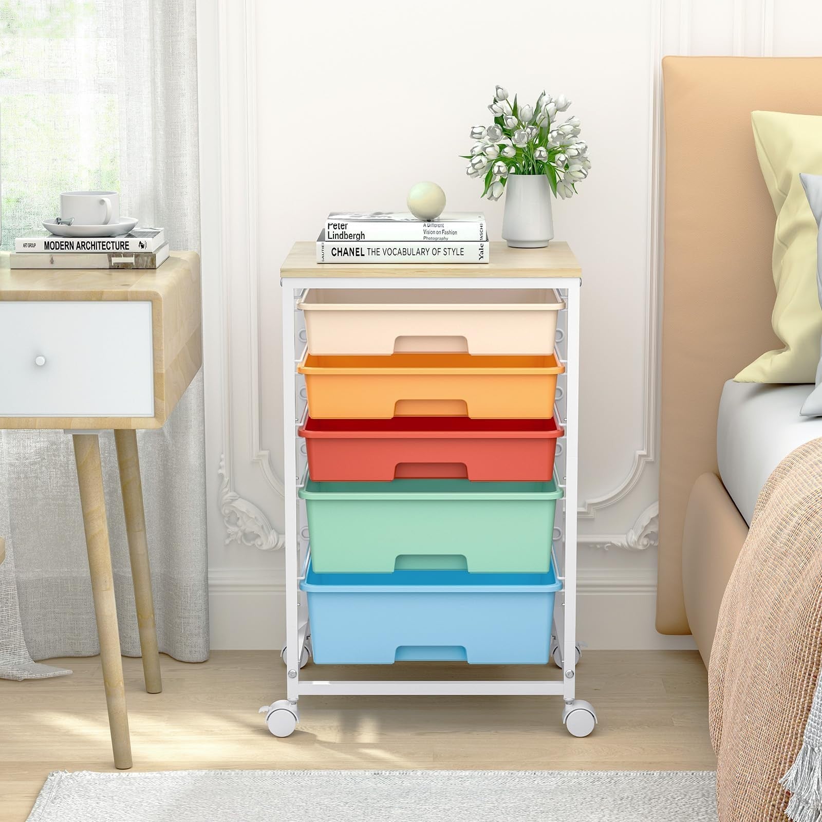 5 Drawer Utility Cart with Wooden Top, Lockable Wheels, Rolling Craft Organizer1