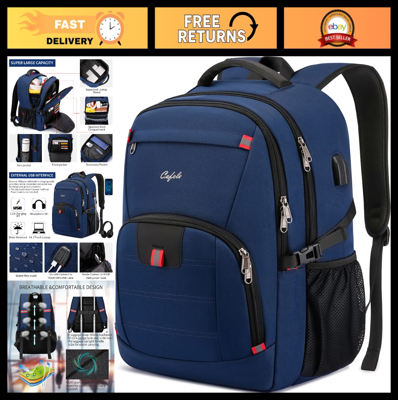 Water Resistant 17.3" Laptop Backpack   College School Bookbag, USB Charging Por0