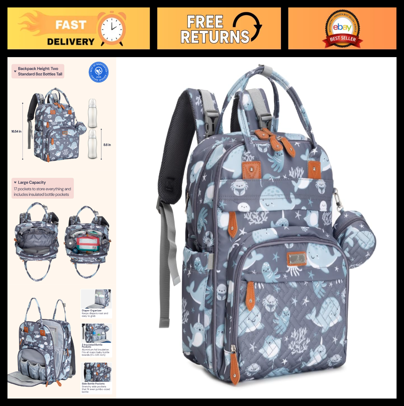 Multi Function Water Resistant Diaper Bag Backpack   Baby Travel Tote with Chang0