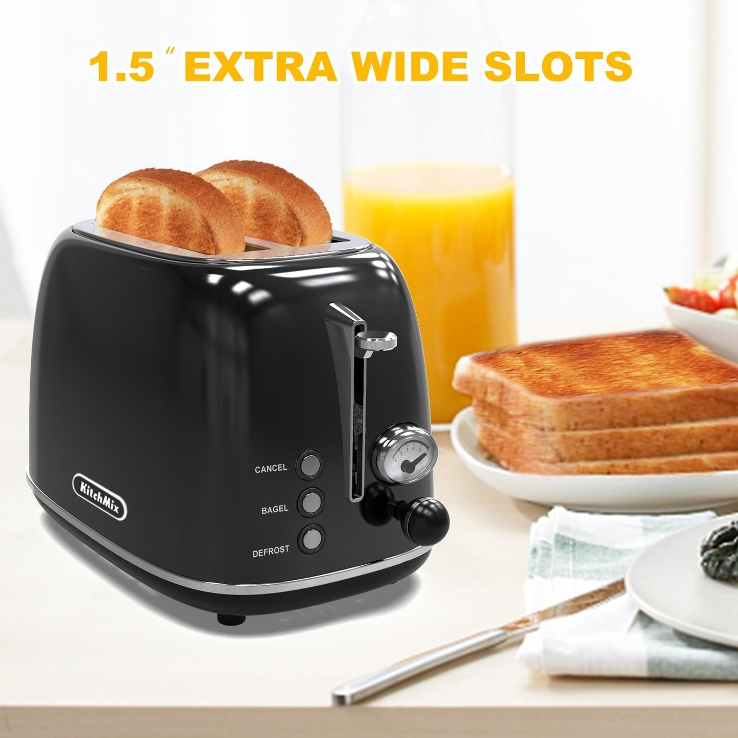 Retro Stainless Steel 2 Slice Toaster with 6 Settings, Extra Wide Slots, Bagel &2