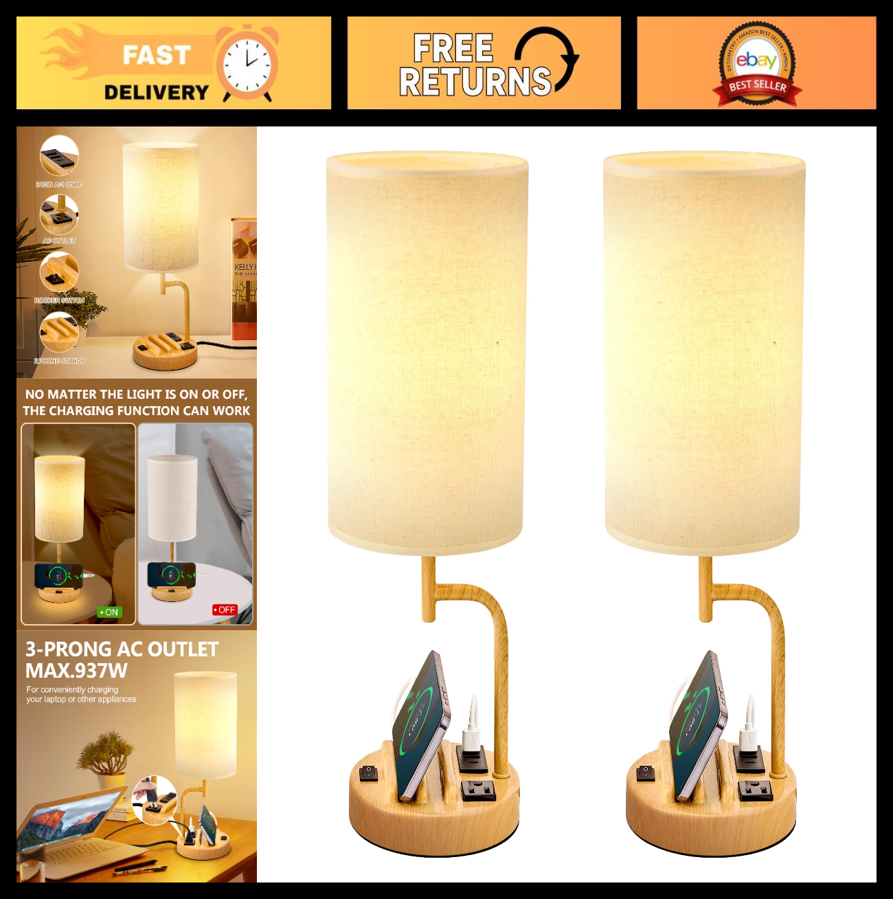 Modern Table Lamp with 3 USB Ports & AC Outlet, Bedside Desk Light   Pack of 20