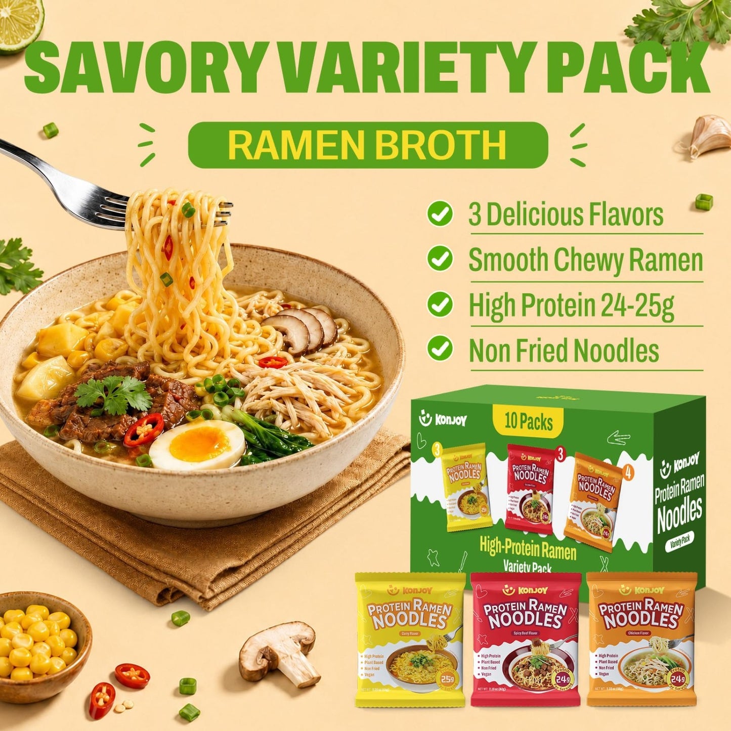 Vegan Protein Ramen Noodle Variety Pack - 10-Pack, 24g Protein, Low Fat, Instant2