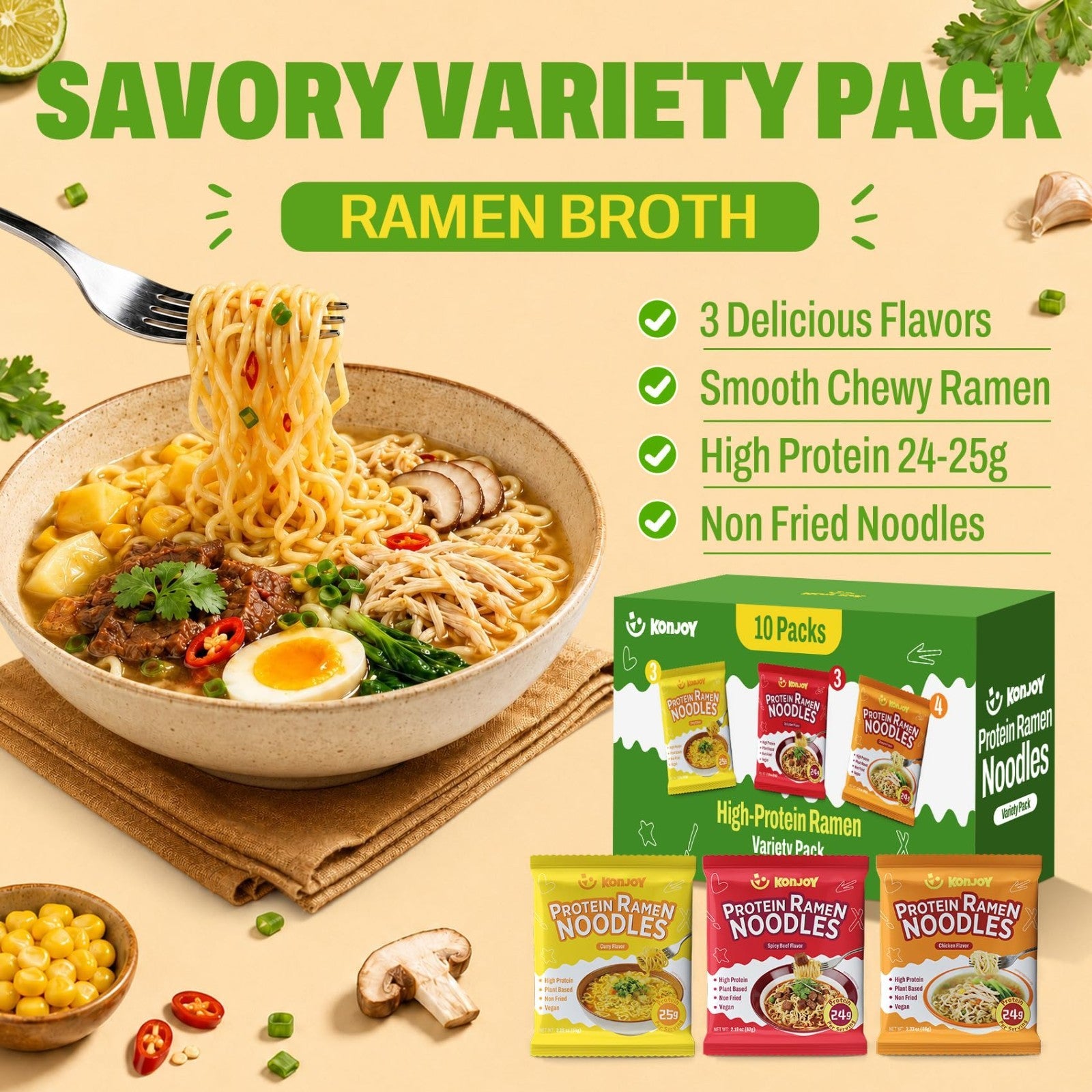 Vegan Protein Ramen Noodle Variety Pack - 10-Pack, 24g Protein, Low Fat, Instant2