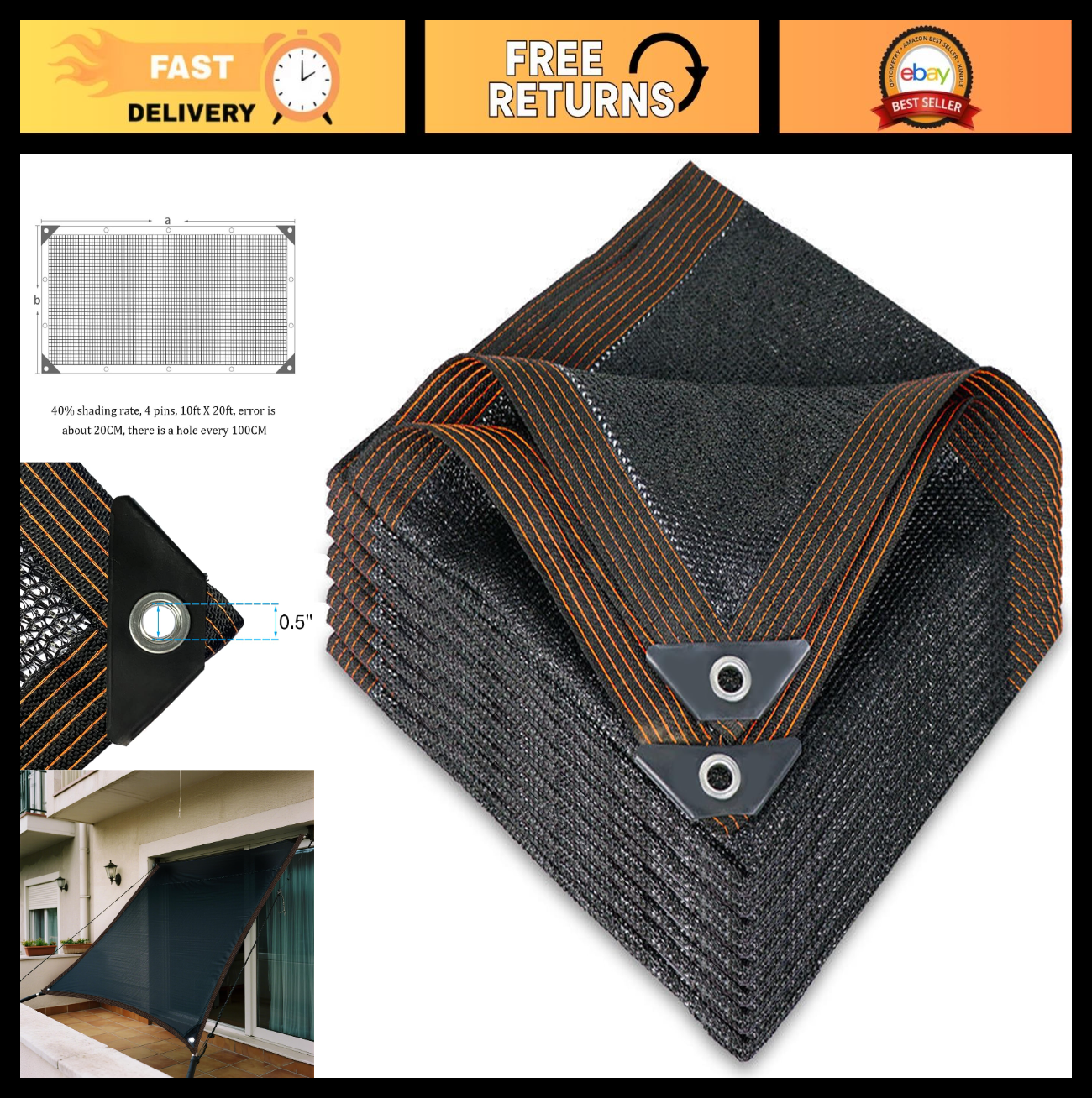 10x20 FT Garden Shade Cloth Black Mesh Tarp with Grommets | 40% Sun Shade Nettin0