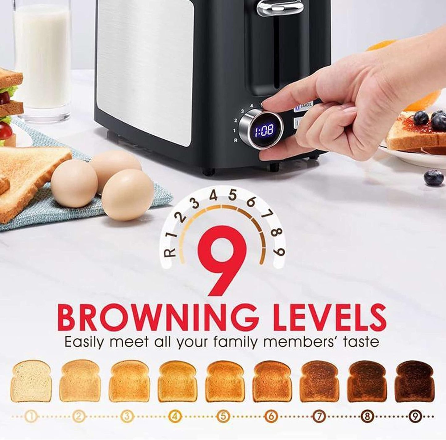 2 Slice Wide Slot Toaster with LCD Timer, Bagel/Defrost/Cancel/Reheat Functions3
