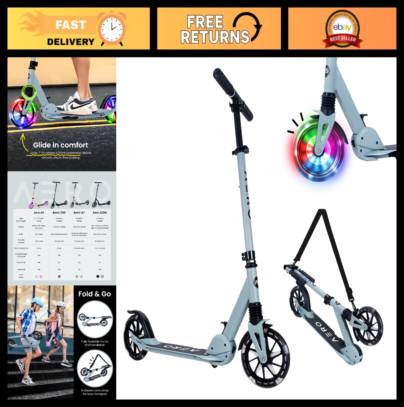 Big Wheel Kick Scooter for Kids 6-12, Teens & Adults - Adjustable Height, Smooth0