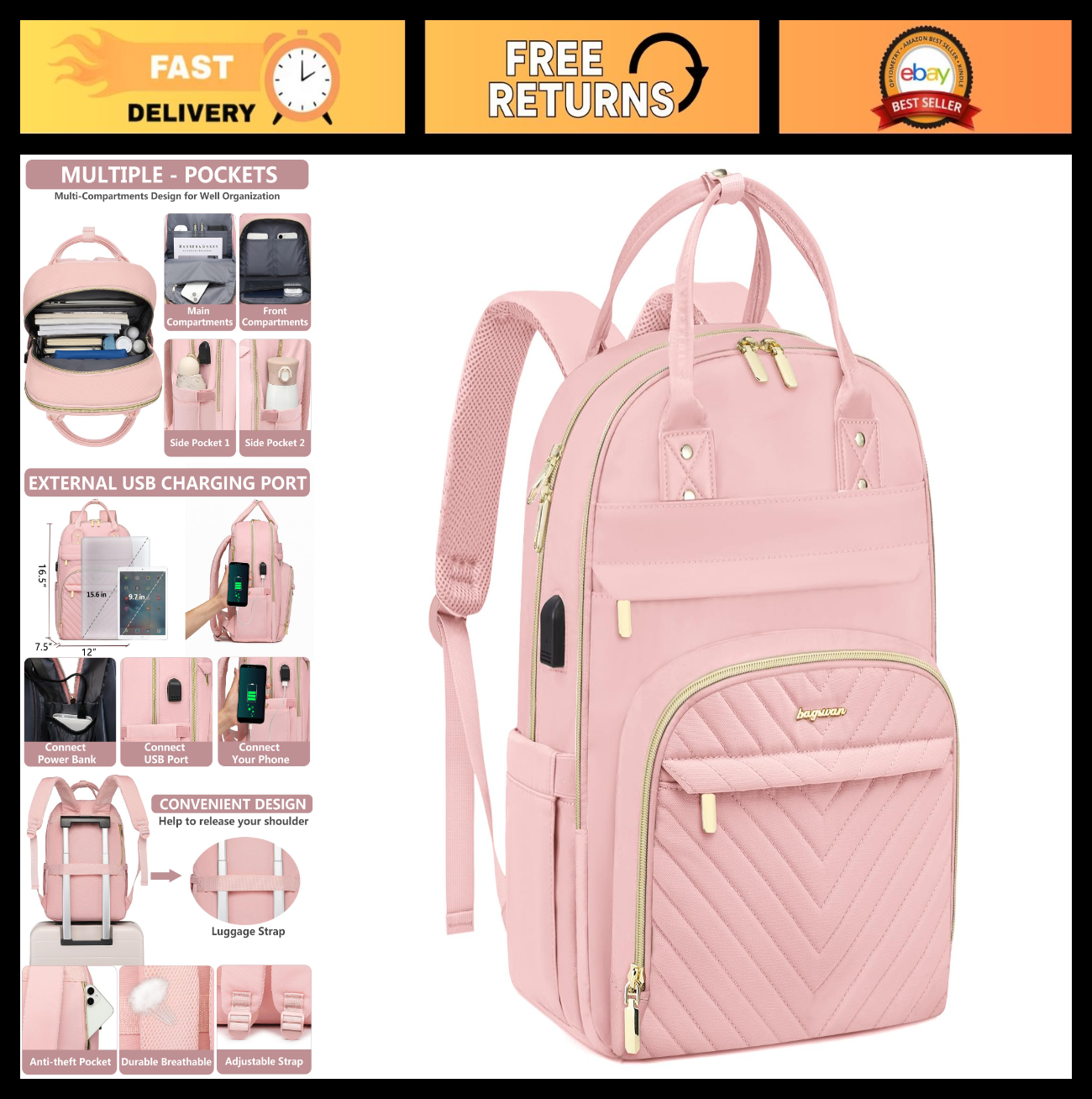Stylish 15.6" Laptop Backpack for Women   Waterproof Travel Work Bag with USB Ch0
