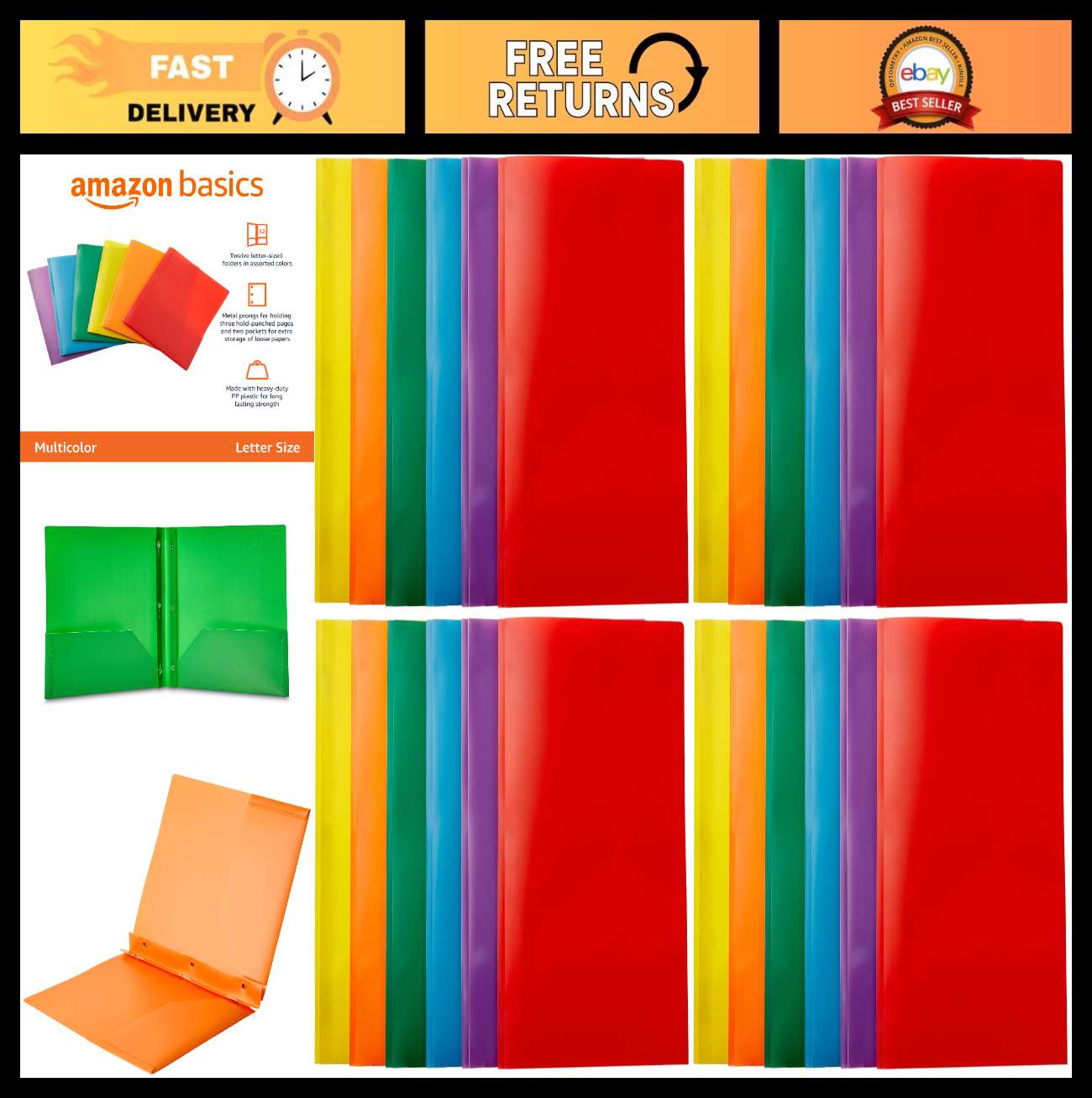 Heavy Duty Plastic Folders with 2 Pockets for Documents, Letter Size, 24 Pack, A0