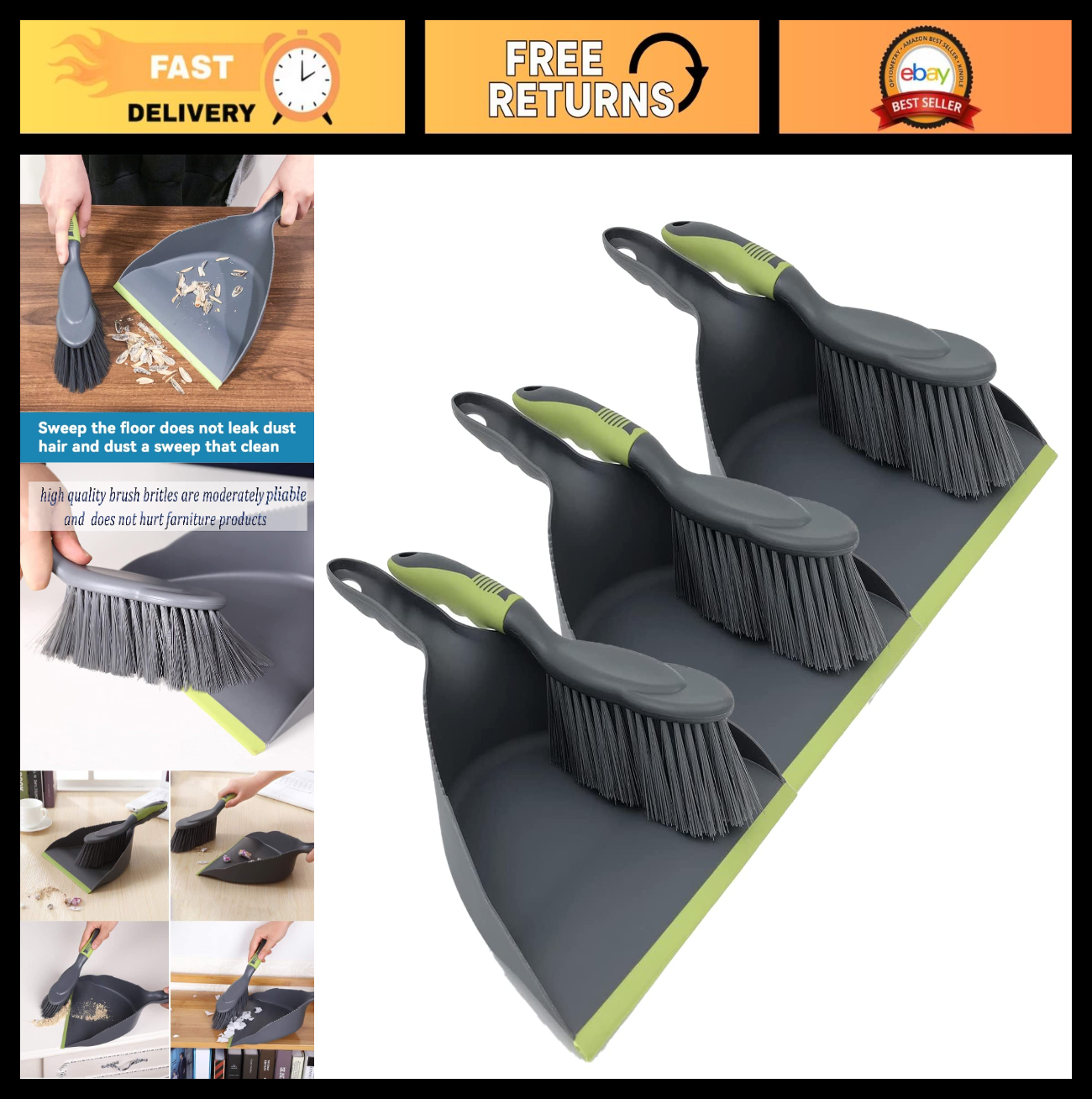 Handheld Dustpan and Broom Set - 3pcs, PET Fiber Bristles for Floors & Tables0