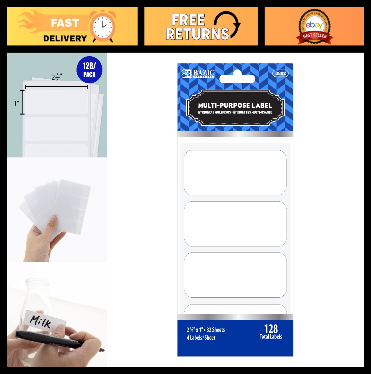 Multipurpose White Labels 2.75x1 in, 128 Count, Matte Paper, Peel-and-Stick for0