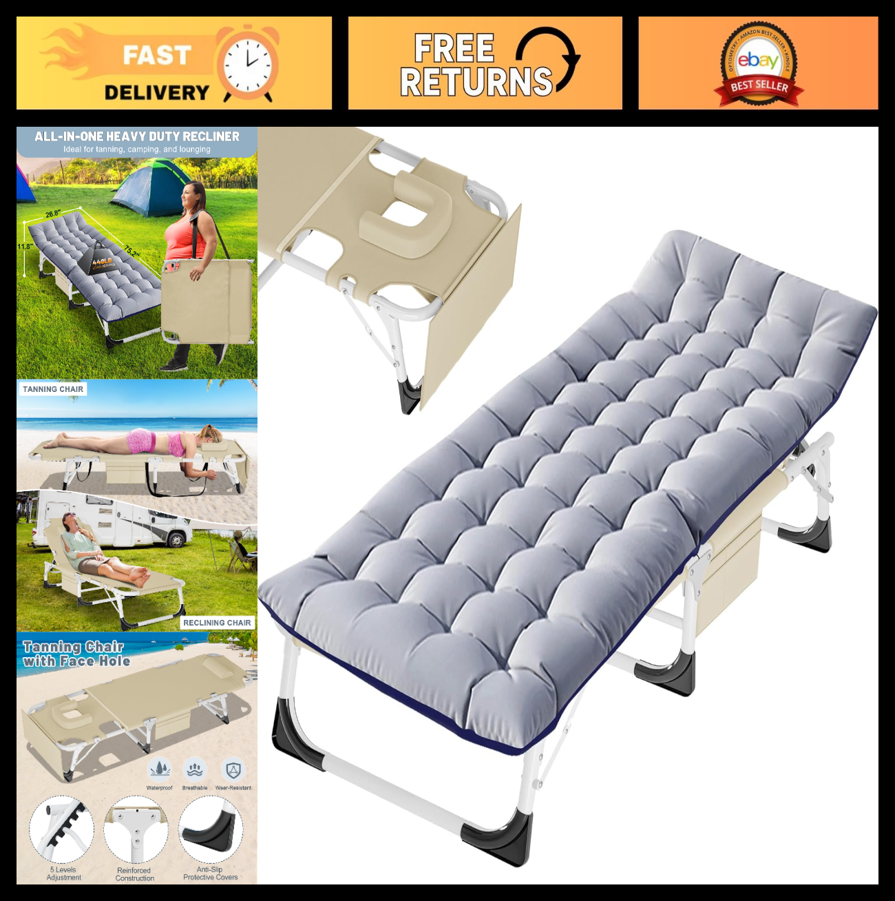 Folding Camping Cot for Adults   5 Position Adjustable Backrest & Padded Cushion0